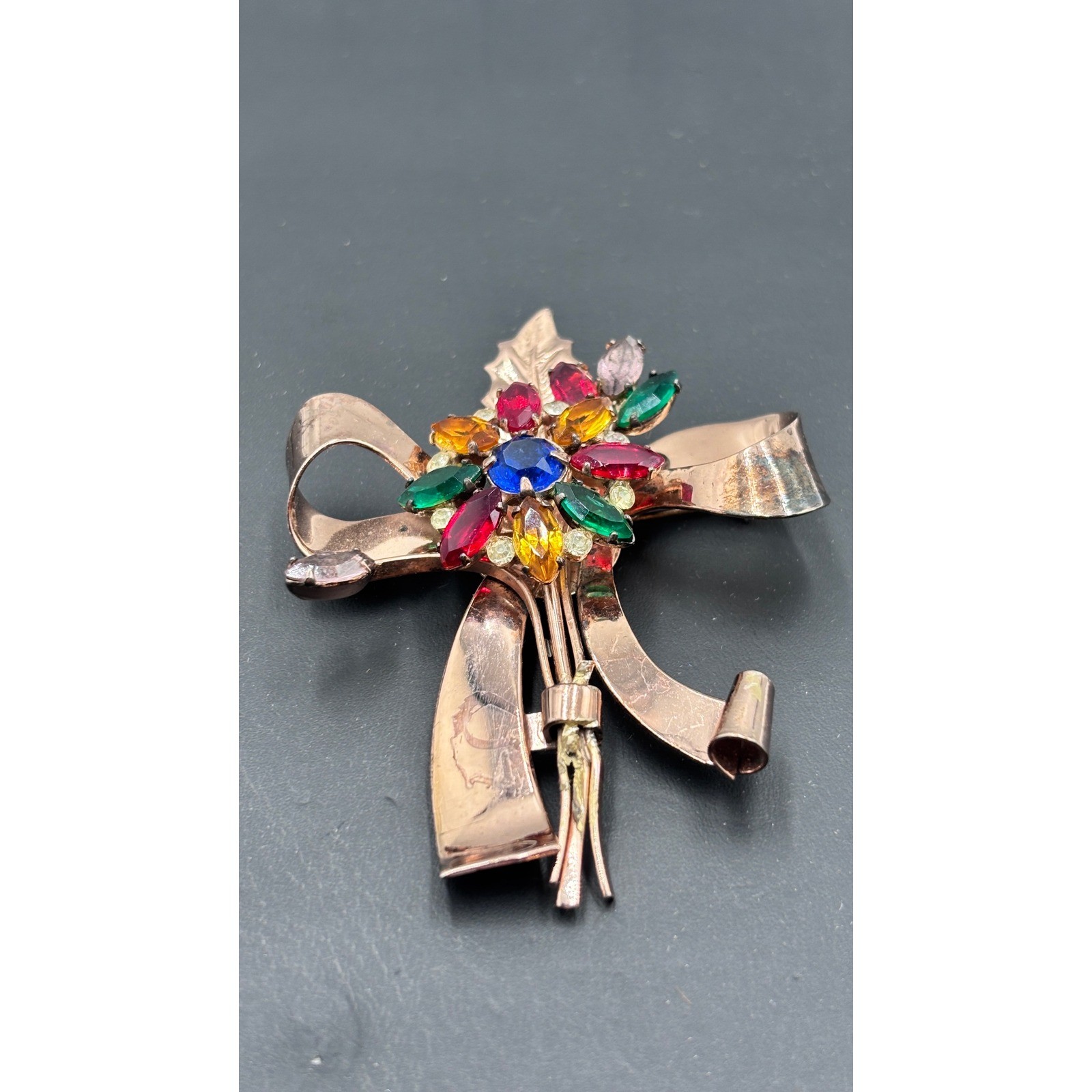 Coro Craft Sterling Silver Multi-Color Rhinestone Bow Floral Brooch Pegasus Tag