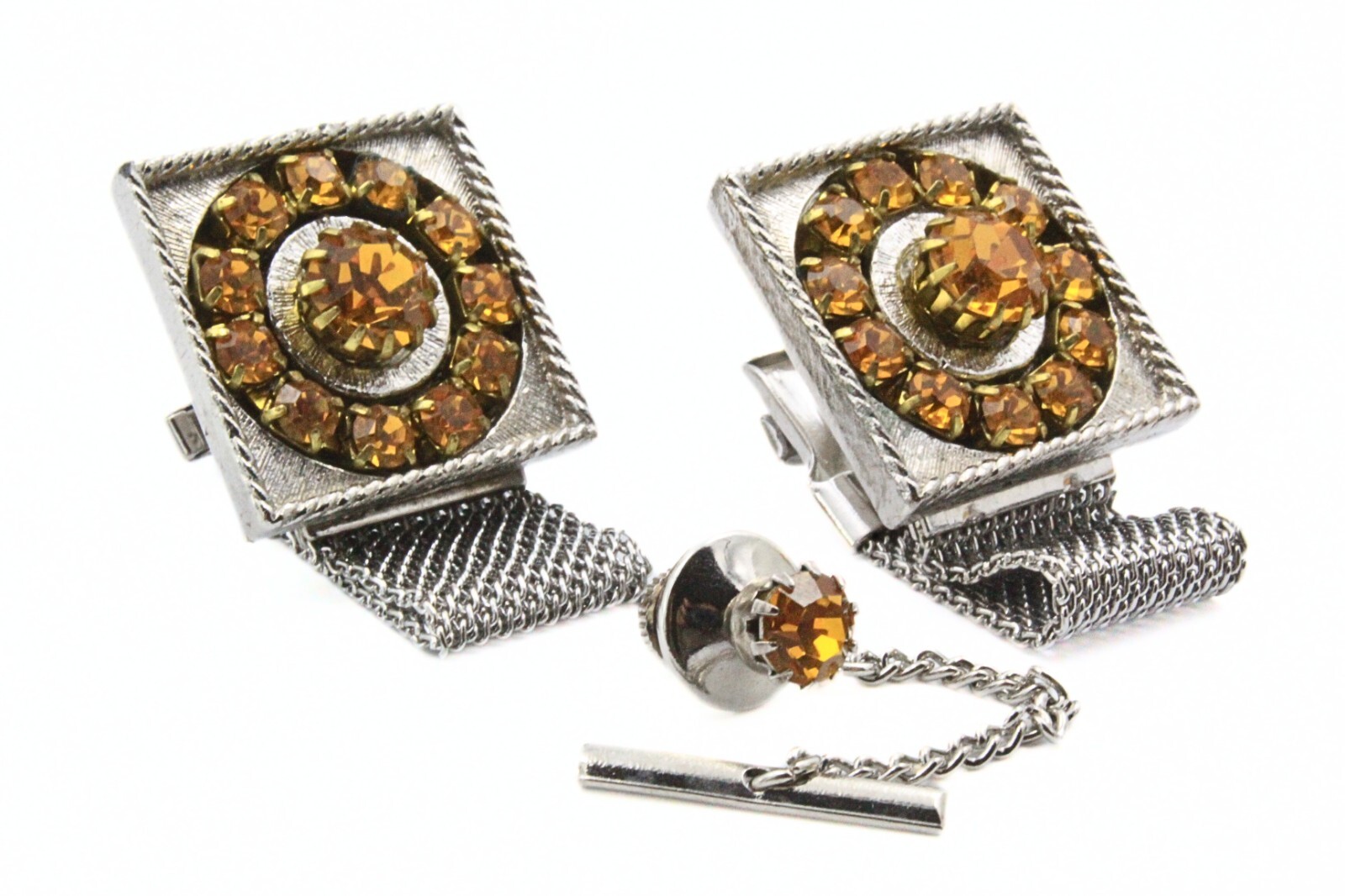 Di Gino Designer Retro Yellow Rhinestones Cufflinks Tie Tac Set