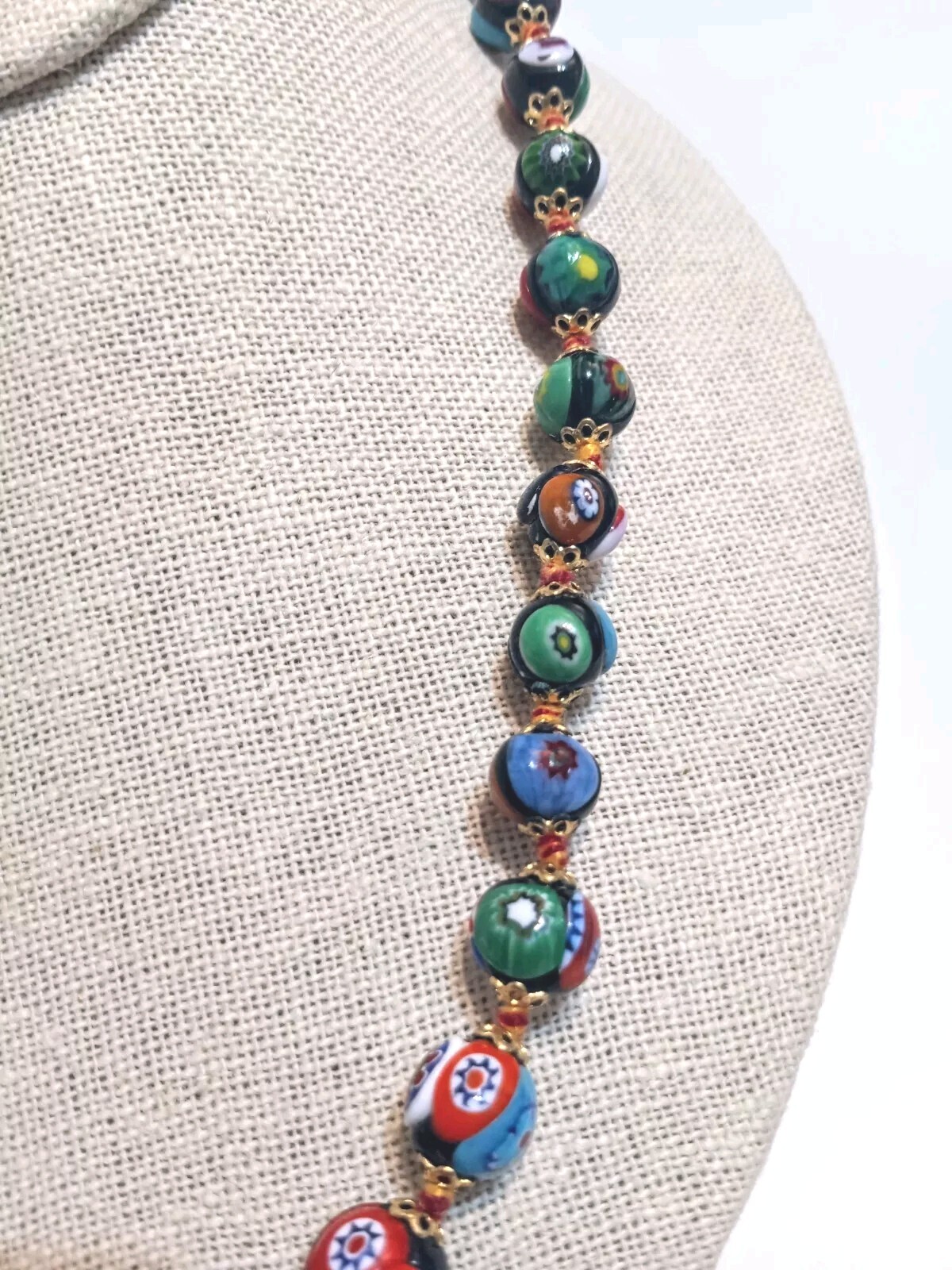 Beaded Necklace Millefiori Multi Color Glass 20″ Strand 1920’s Fish Hook Clasp