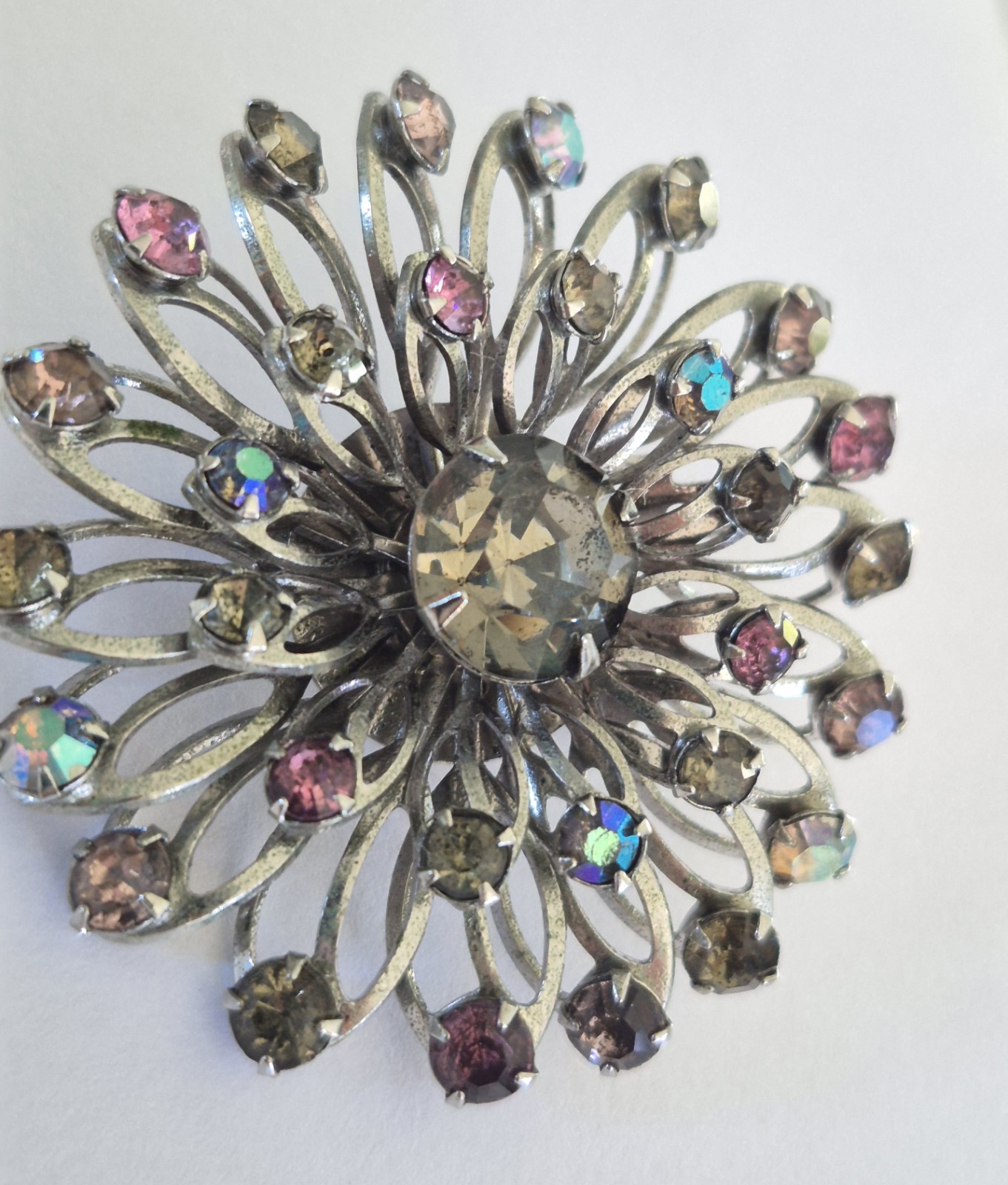 Vintage Pin Brooch Flower Design Silver tone Crystals in Pinks, Purples, Browns