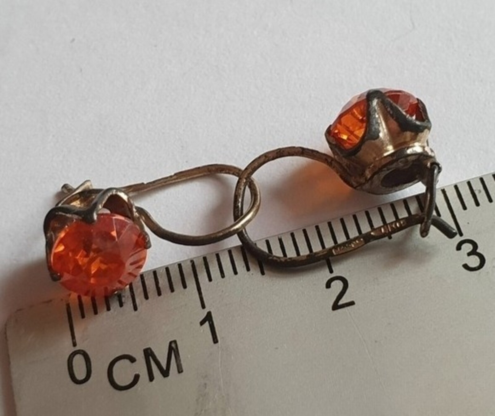 Vintage Earrings 875 ⭐ silver Soviet USSR Weight 2.6 g. Orange gem. Gilding.