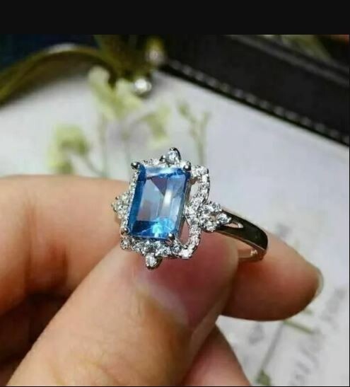 14k White Gold Plated 3Ct Emerald Lab Created Blue Topaz Engagement Halo Ring