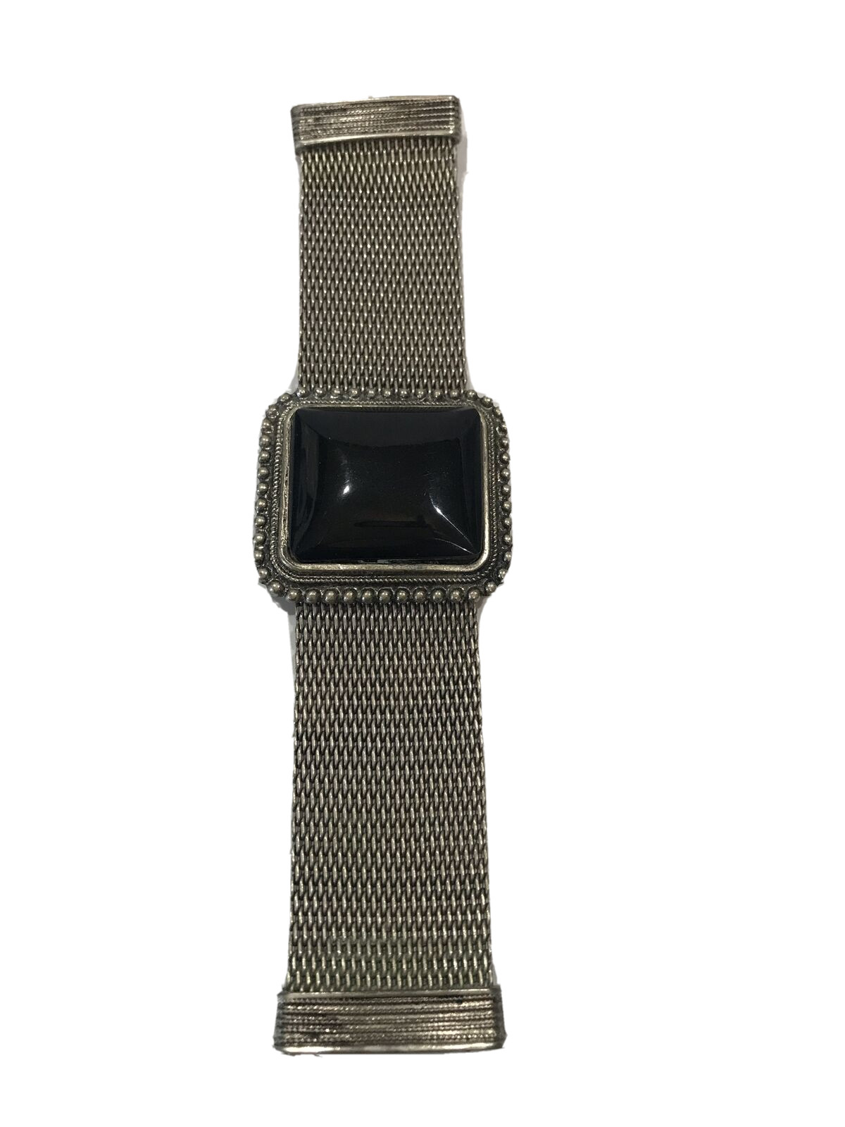 Chunky Vintage Look Silver Tone With Black Central Stone Art Deco Mesh Bracelet