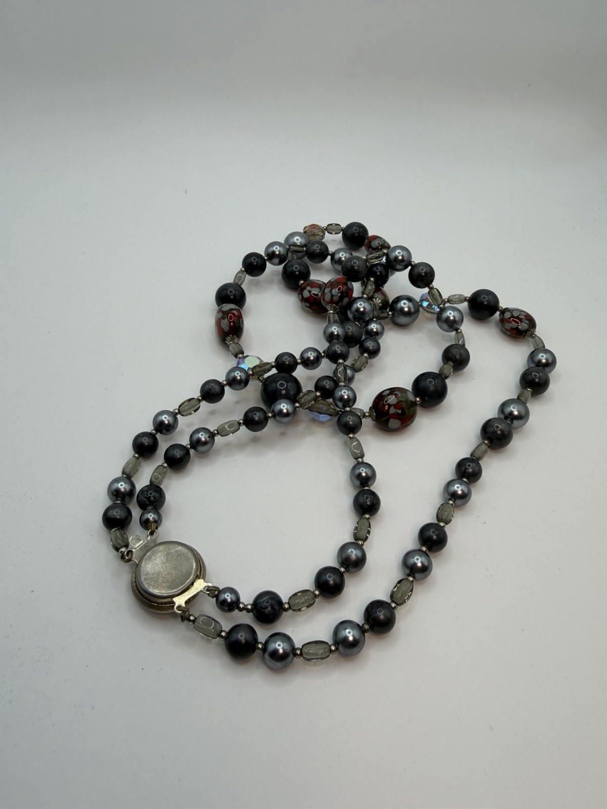 Vintage Art Glass & Faux Pearl Two Strand Necklace & Earrings Gray Black Red AB