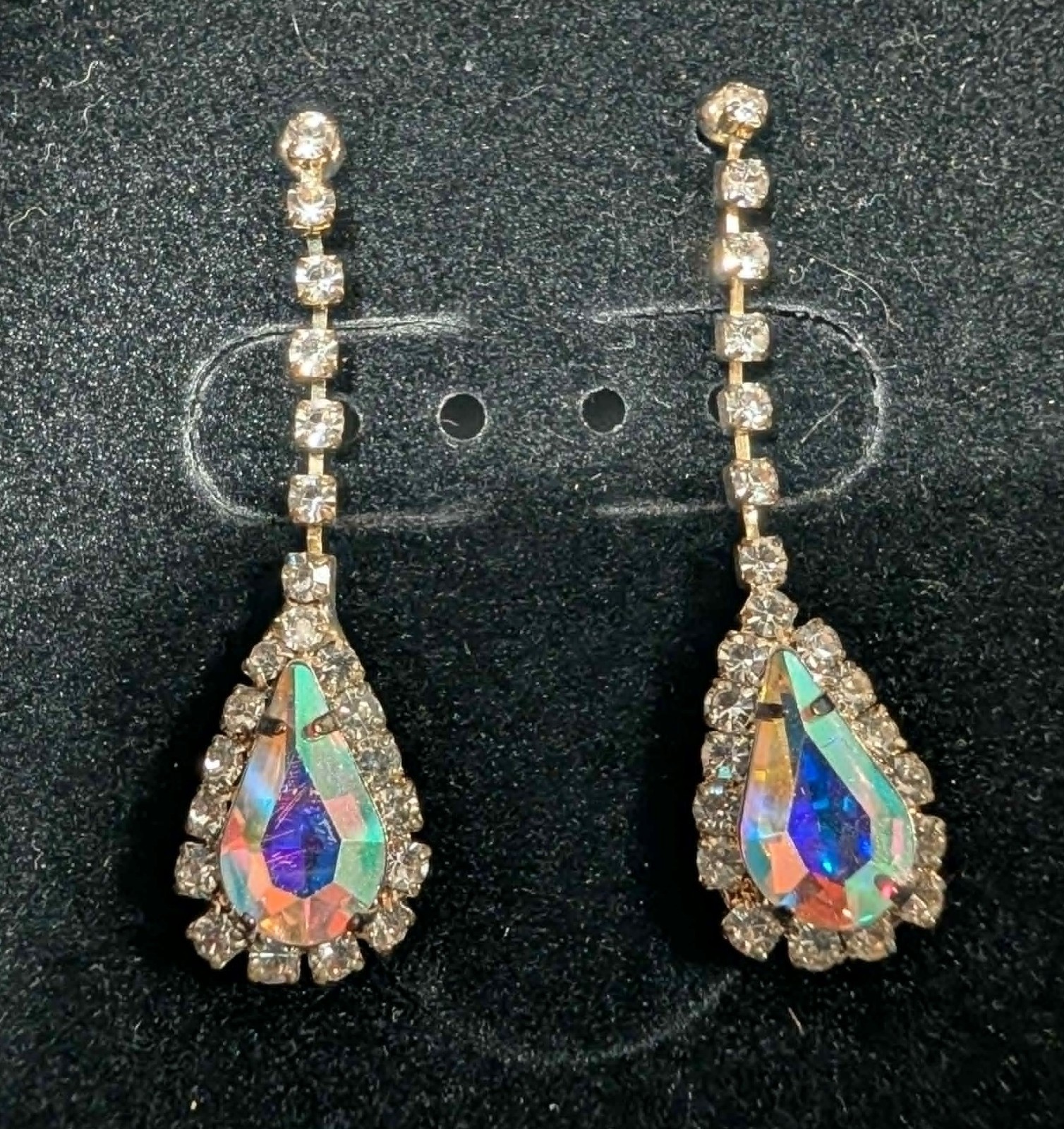 Vintage AB Rhinestone Necklace & Earrings Set Aurora Borealis Silver Tone Bridal