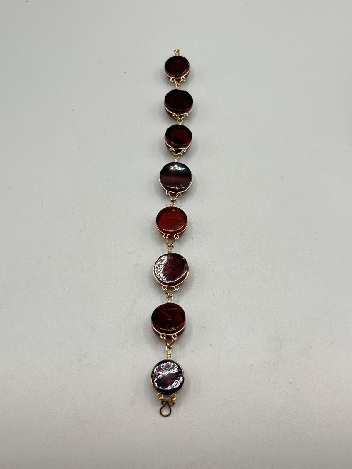 Wire Wrapped Genuine Amber Bracelet with Gold Tone Wire & Clasp Round Stones