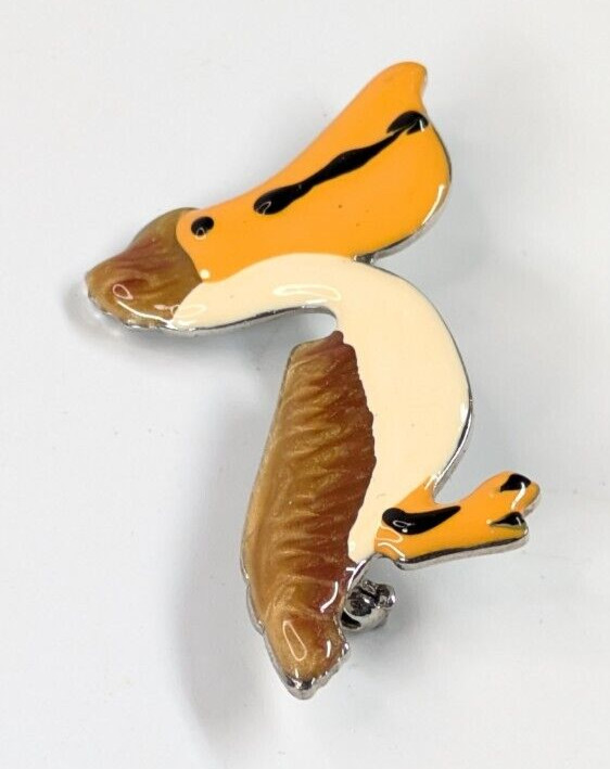 Vintage Cute Enamel Brown & White Pelican Bird Silver Tone Brooch Pin 2″