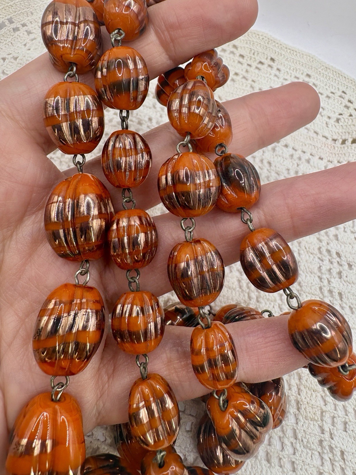 Vintage Czech Melon Foil Glass Graduated Necklace Lampwork Pumpkin 28”