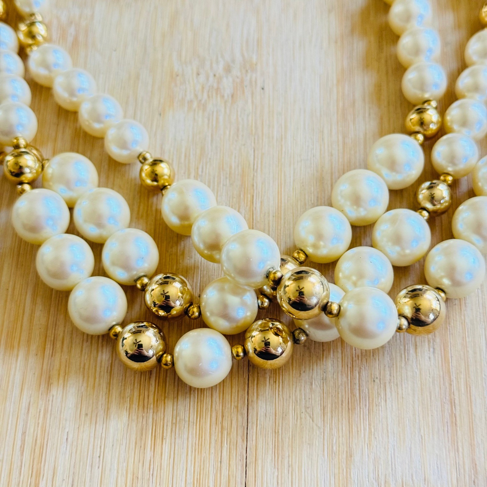 Gay Boyer Necklace VTG Pearl Multi Bib Beaded Triple Strand Glam Elegant 80s 18″