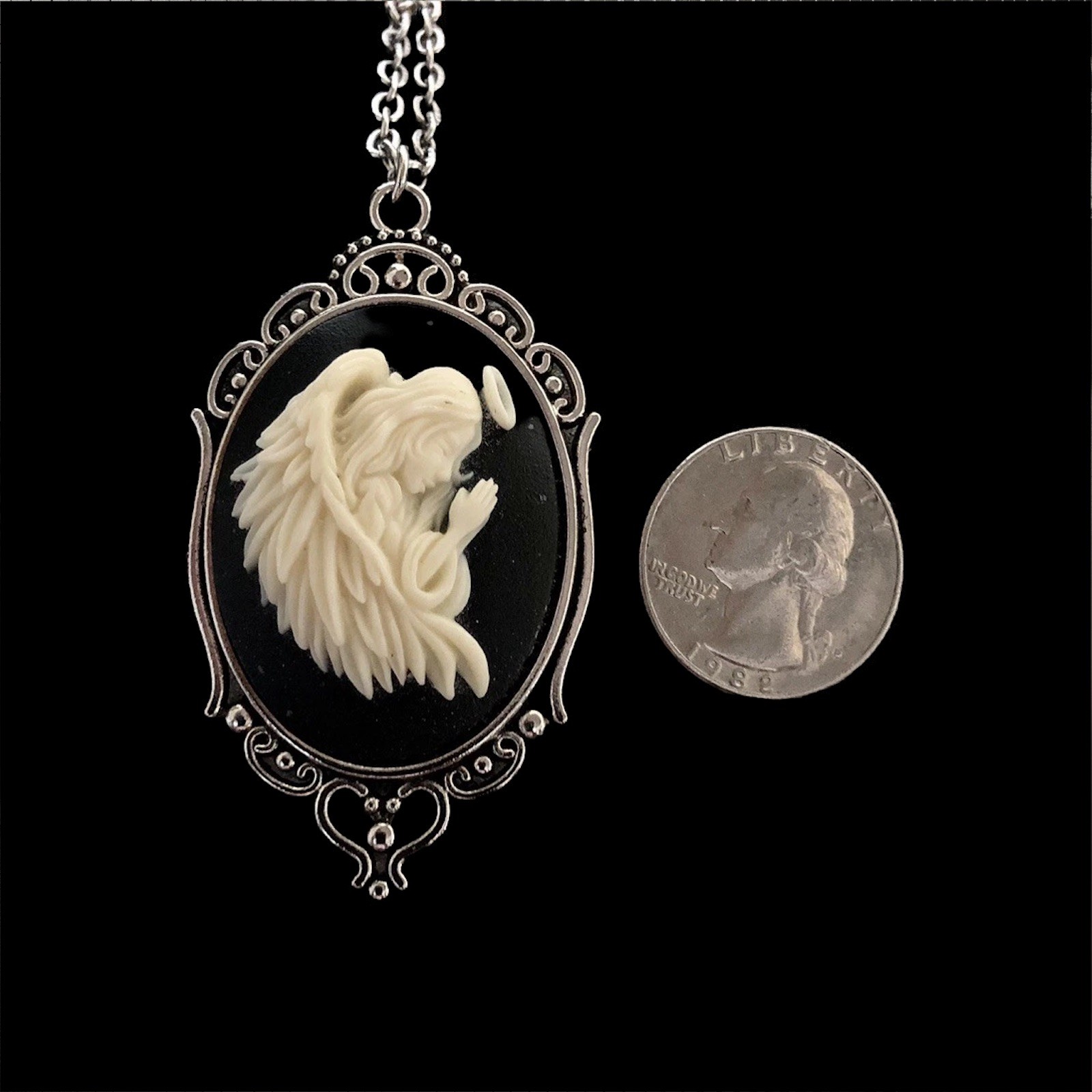 Vintage Praying Guardian Angel Cameo Pendant Necklace, Antique Silver plated