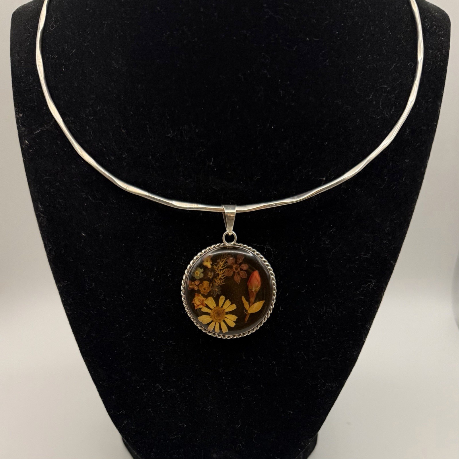 Vintage ATI Mexico 925 Silver Pressed Flowers Resin RLM Studio 925 Collar Y2K