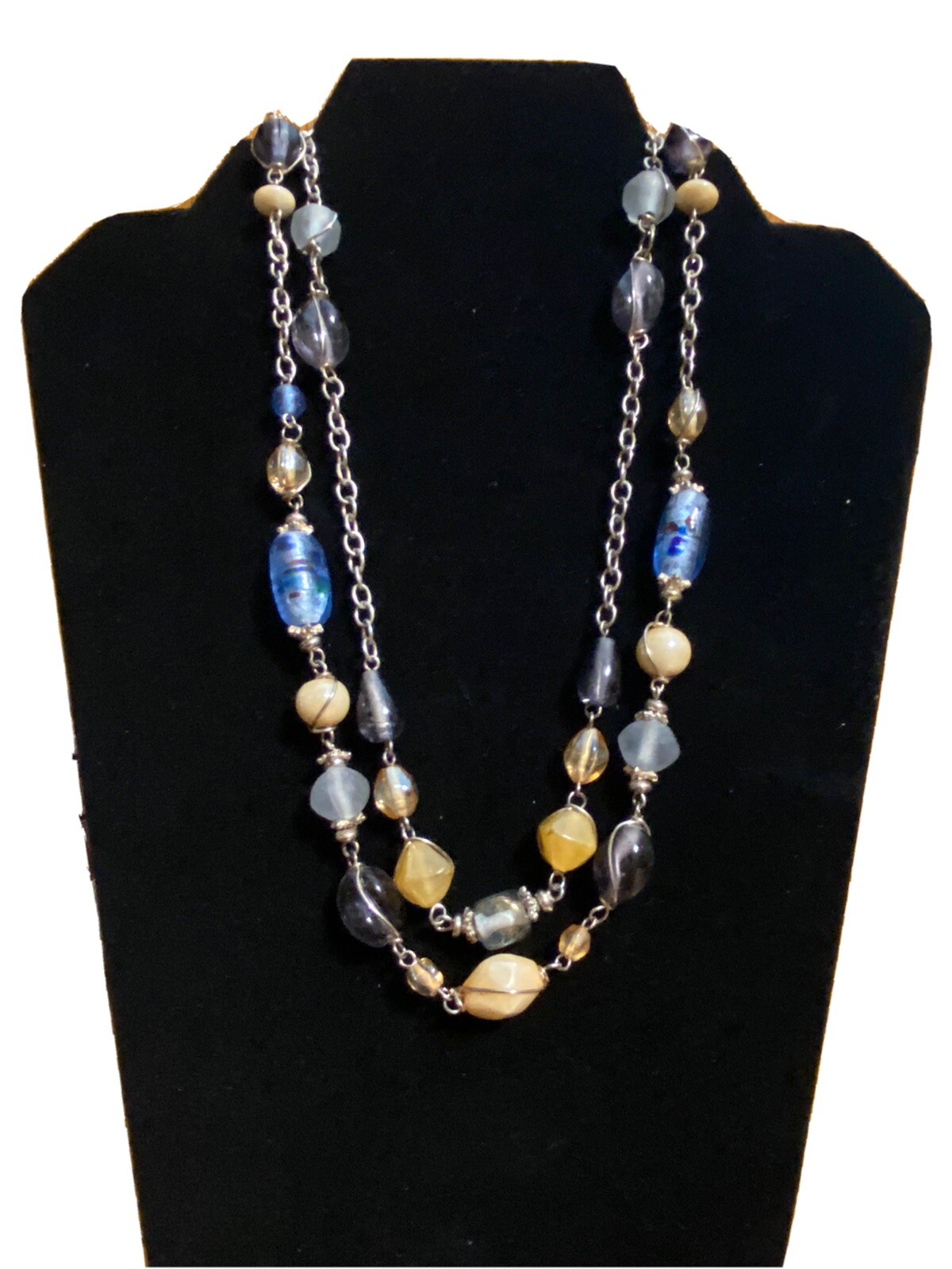 Blue, Purple, Beige, Off White, And Silver Multi-strand Glass Necklace