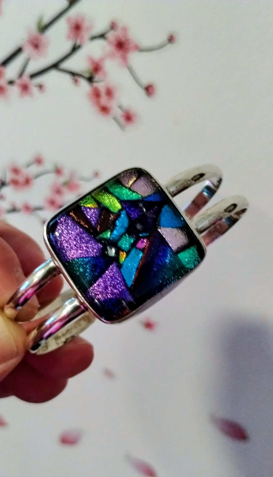 Handmade Small Purple Blue Dichroic Glass Sterling Silver Cuff Bracelet 6.5in