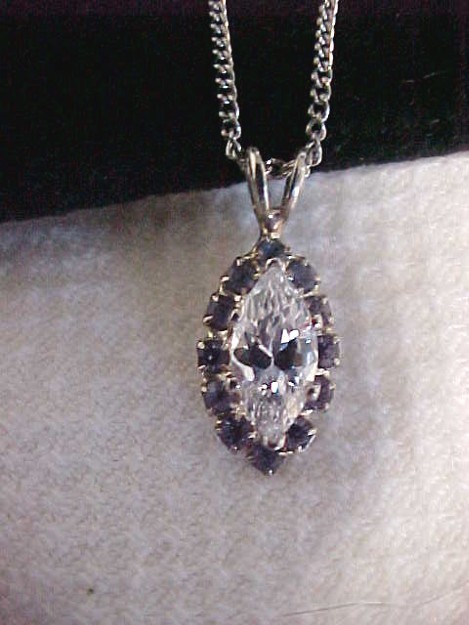 Vintage Silver Tone Marquise CZ & Light Blue Topaz Crystal Pendant Necklace 18″