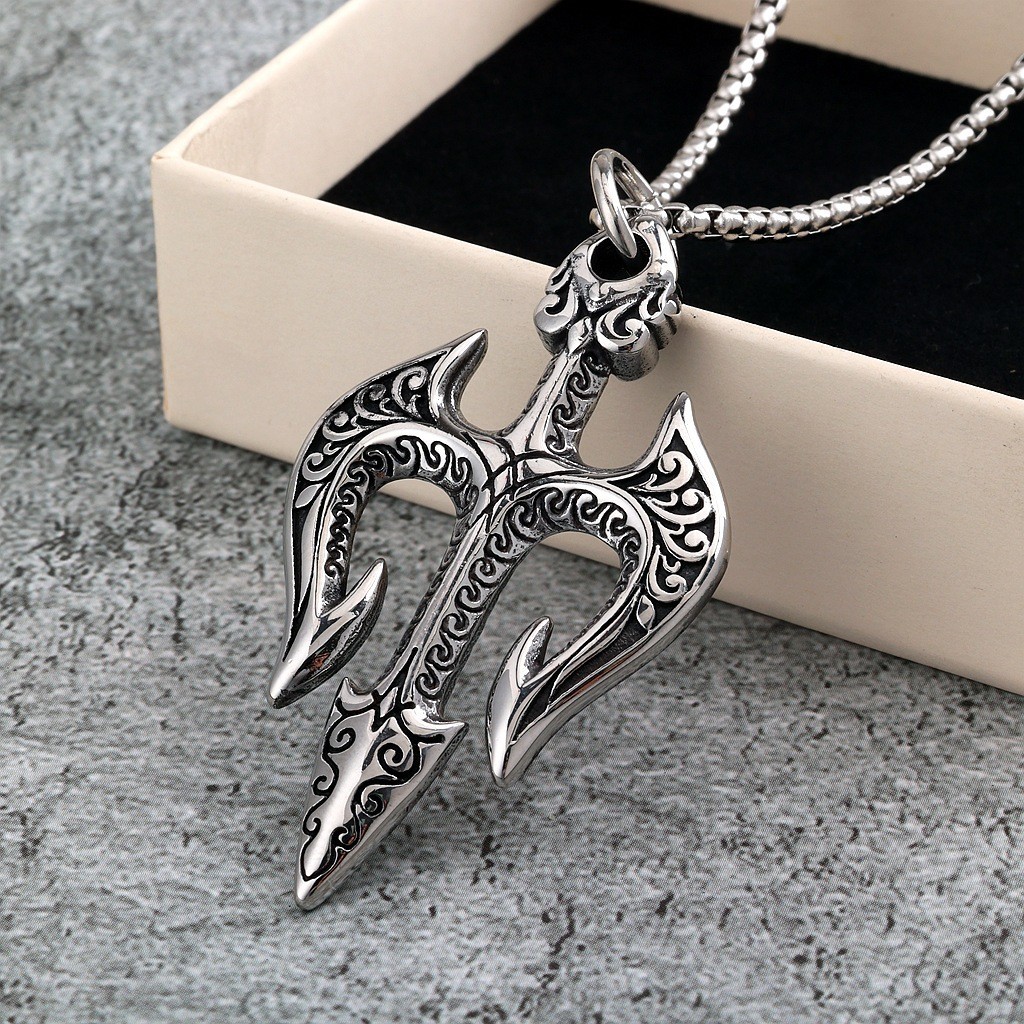 Stainless steel men’s trident pendant necklace