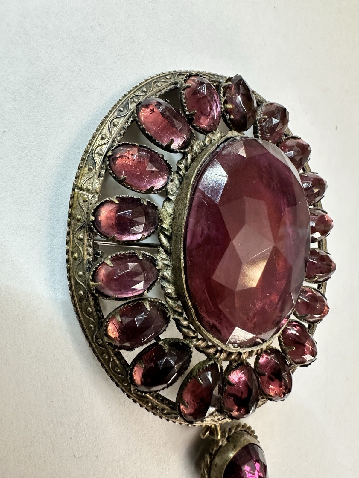 Antique Garnet Dangle Brooch – Purple Pink Cluster – Very Rare – Not Signed –