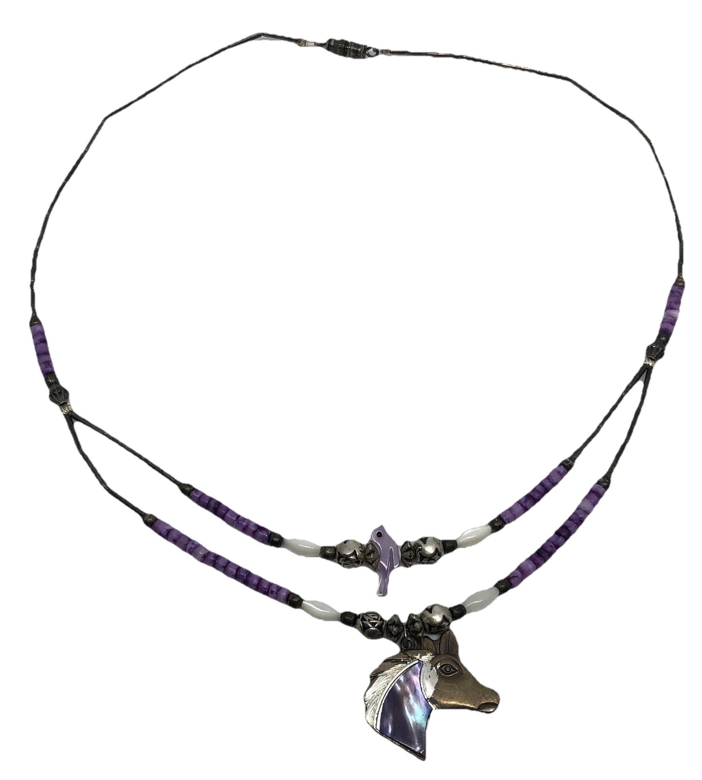 Equestrian Horse Necklace Purple Pony Pendant Silver Roses Beaded Bird 16”