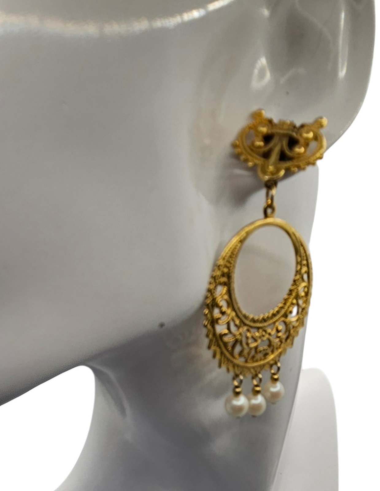 Vintage Gold Tone Earrings Filigree Hoop Faux Pearl Dangle Pierced Post Ornate