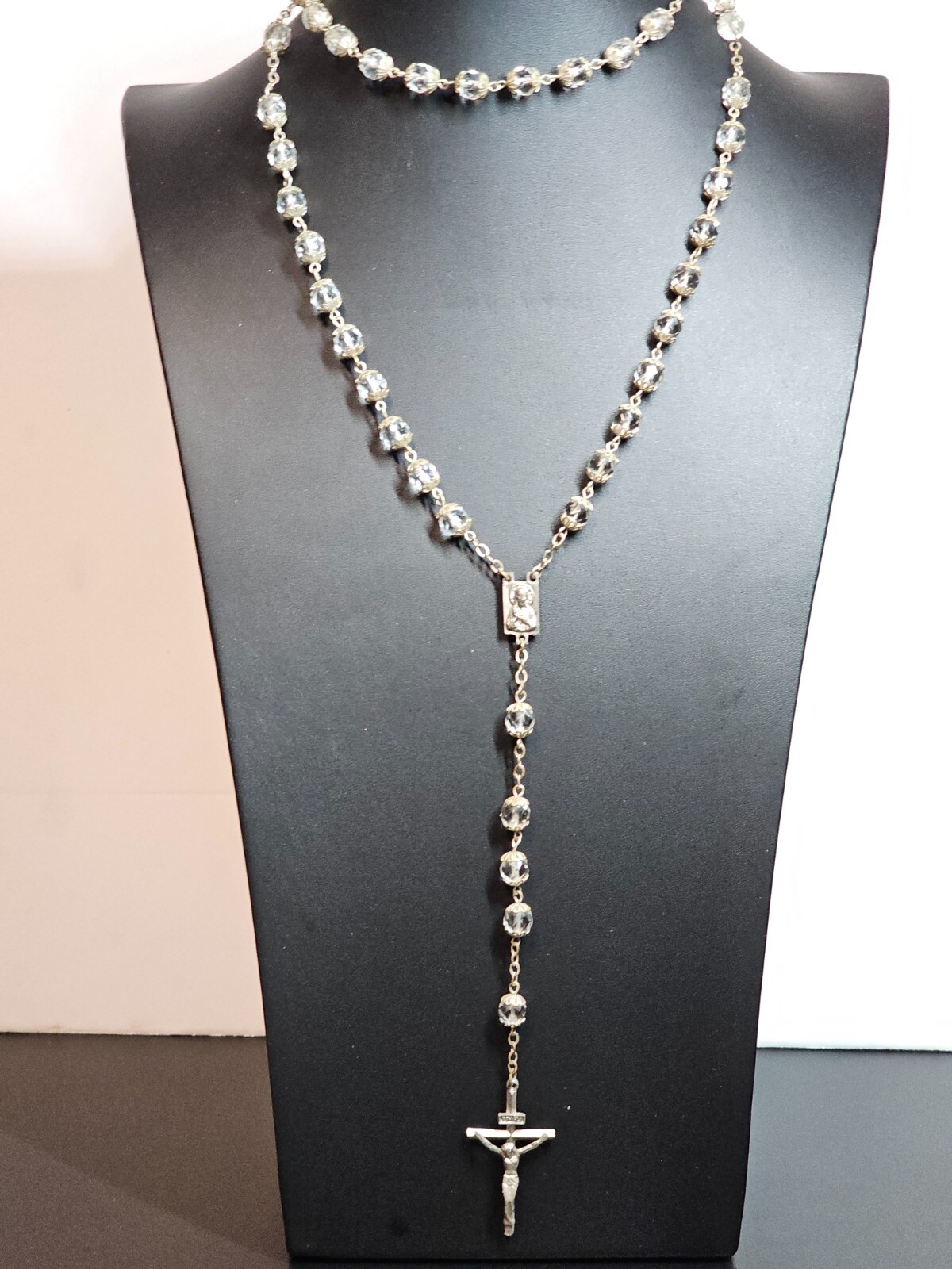 Vtg Crystal Glass Rosary Crucifix Necklace