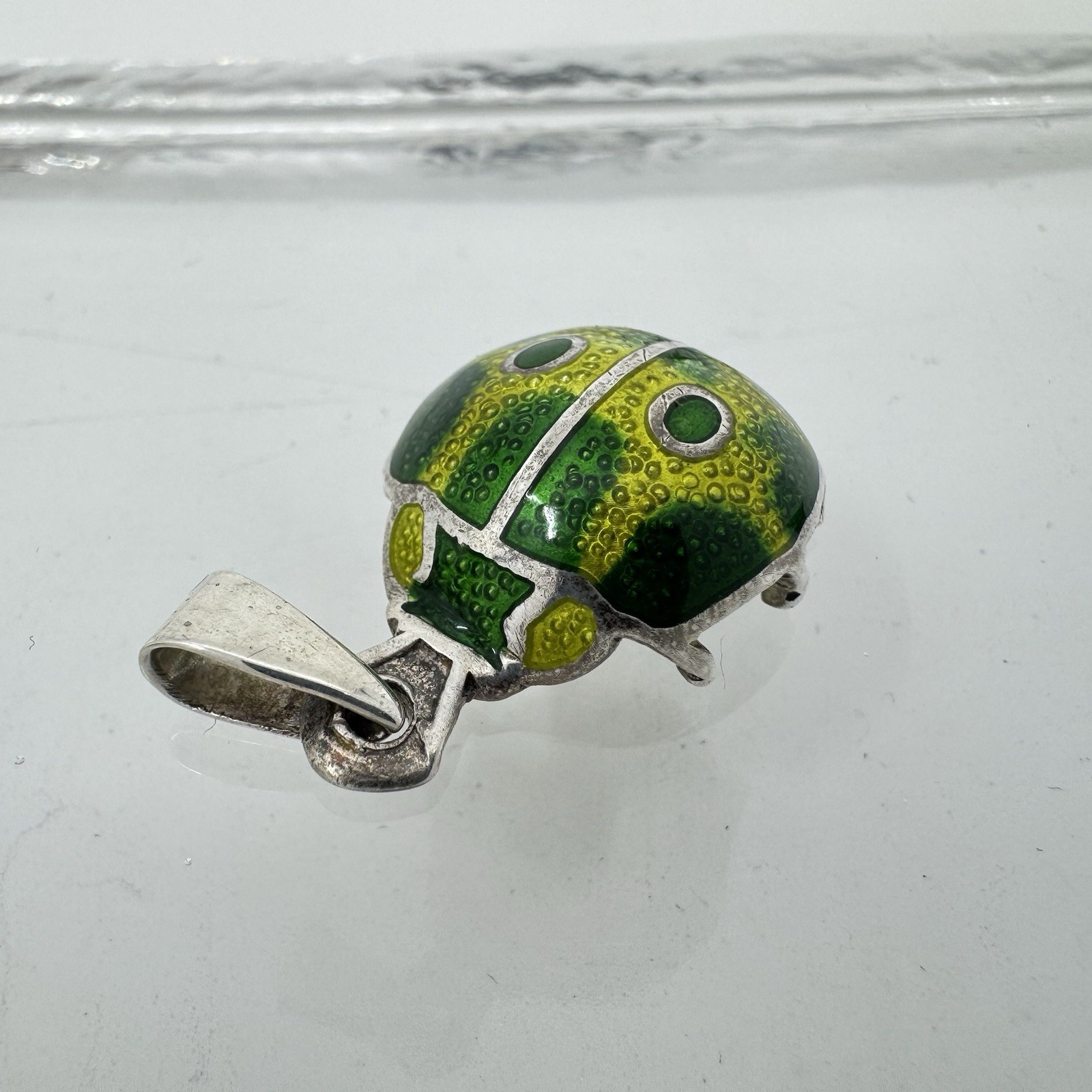 Sterling Silver 980 Bright Green Yellow Beetle Bug Pendant Signed A. Maya Mexico