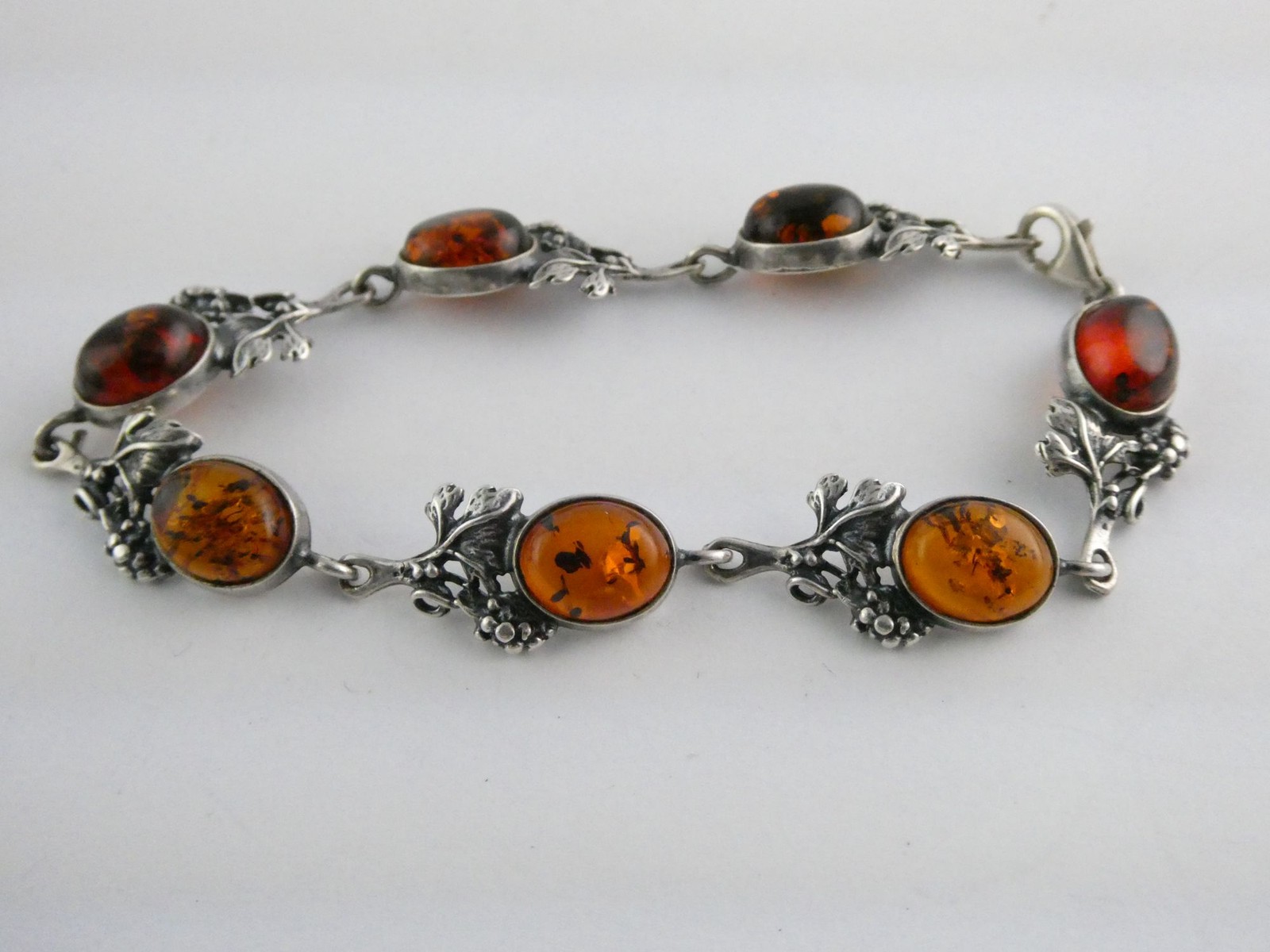 Vintage Sterling Silver Amber Cabochon Grape Vine Link Bracelet 925 7.25In 10.6g