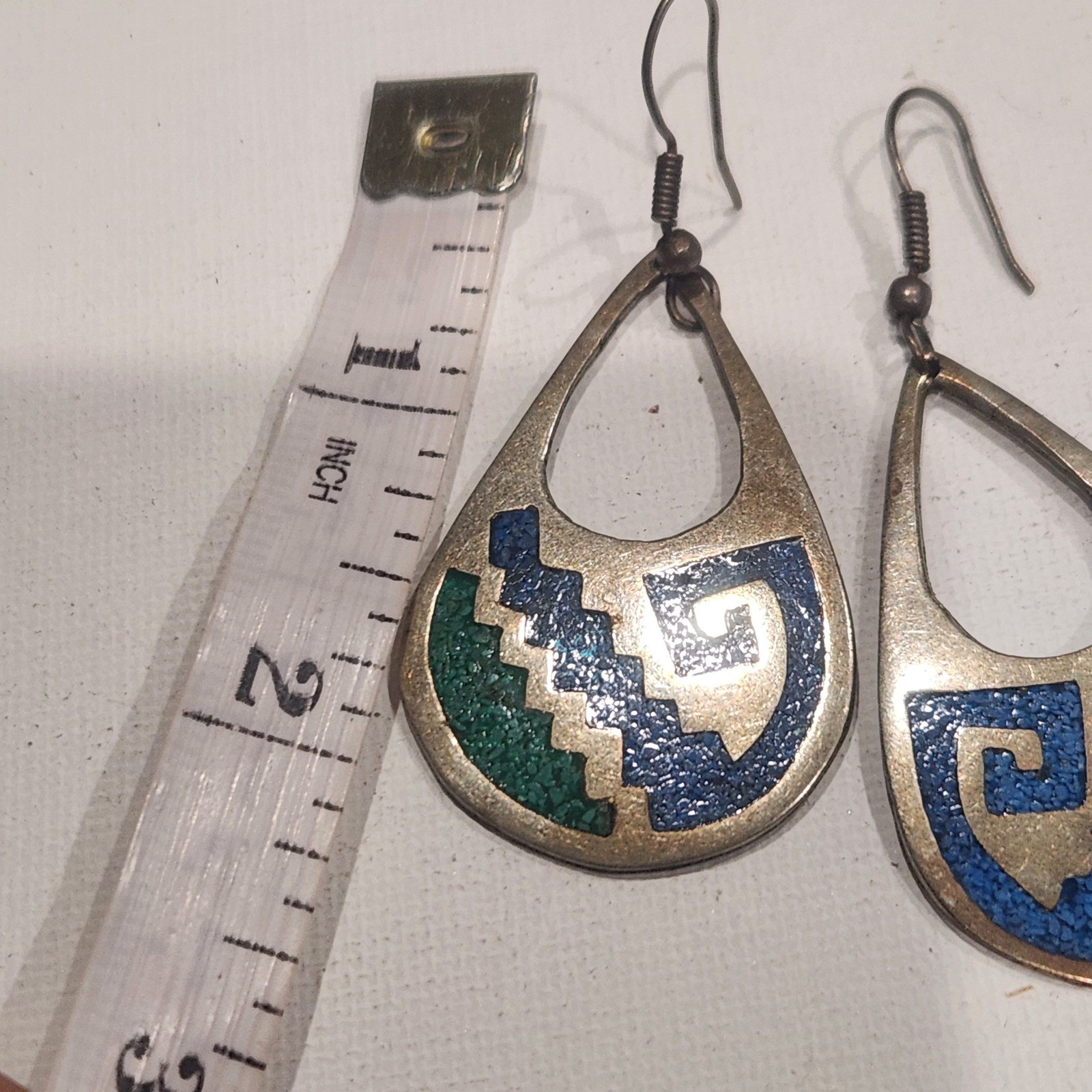 Vintage Alpaca Mexico Blue Green Crushed Stone Inlay Teardrop Earrings Geometric