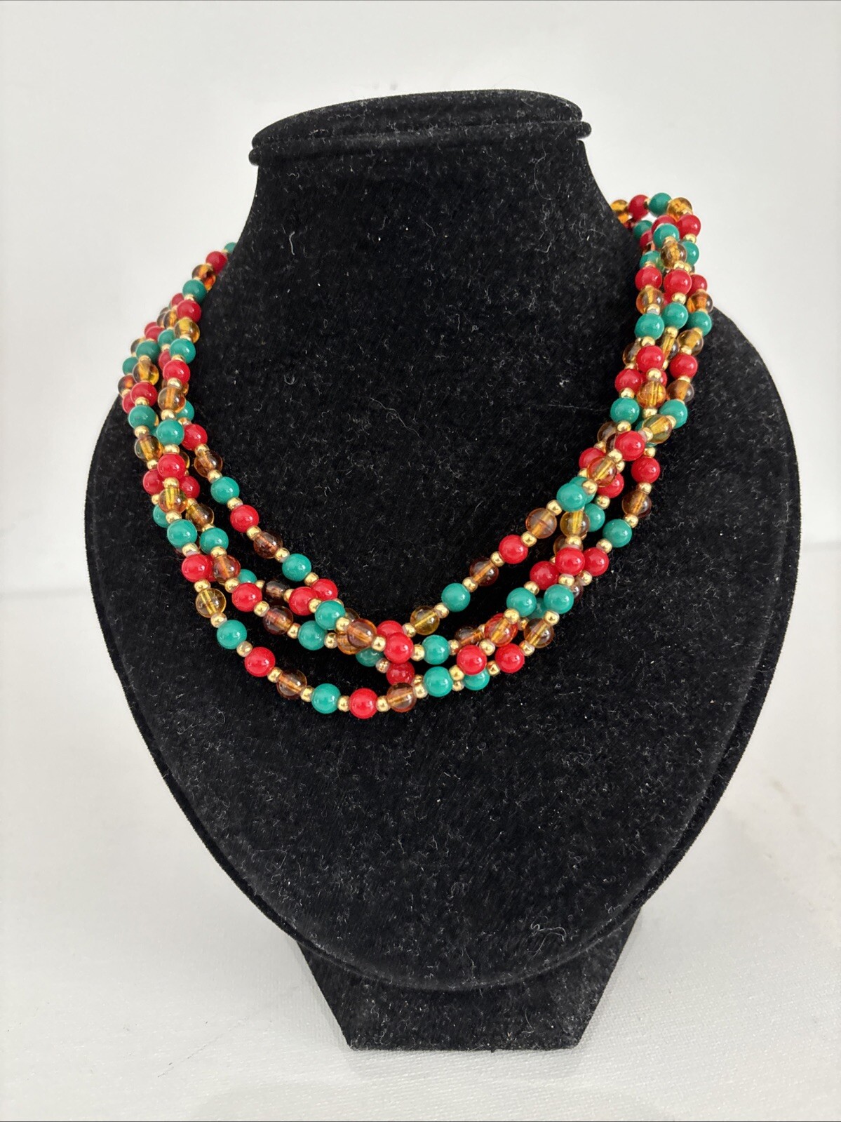 Vintage Mimi di N Beaded Necklace 1970s Designer Gold Red Green Collar