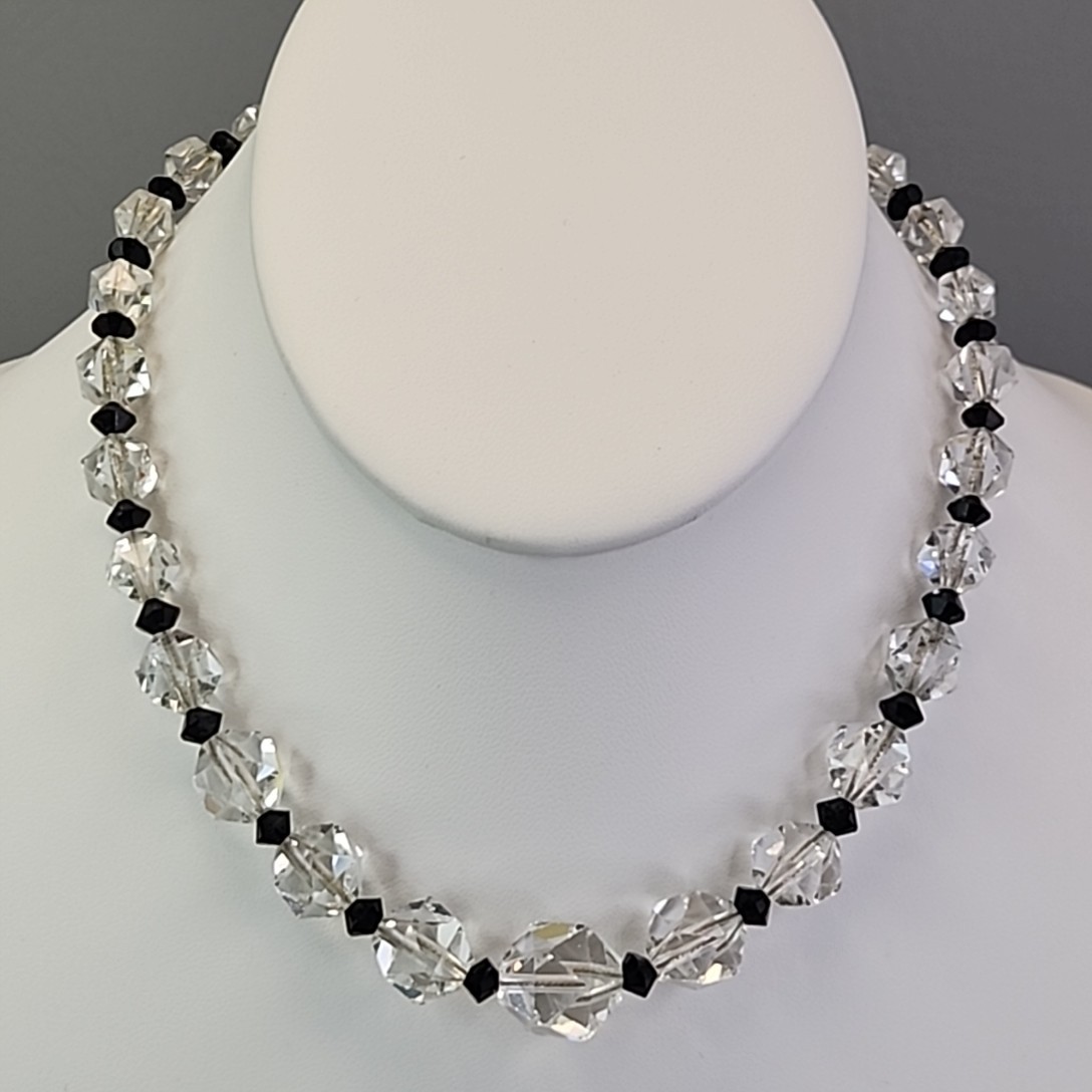 Vintage Glass Beaded Necklace Clear Round Black Bicone Accents 14.75″