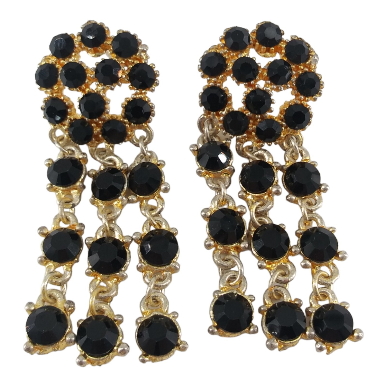 Black Glass Chandelier Dangle Earrings Pierced Vintage Art Deco Classic Glamour