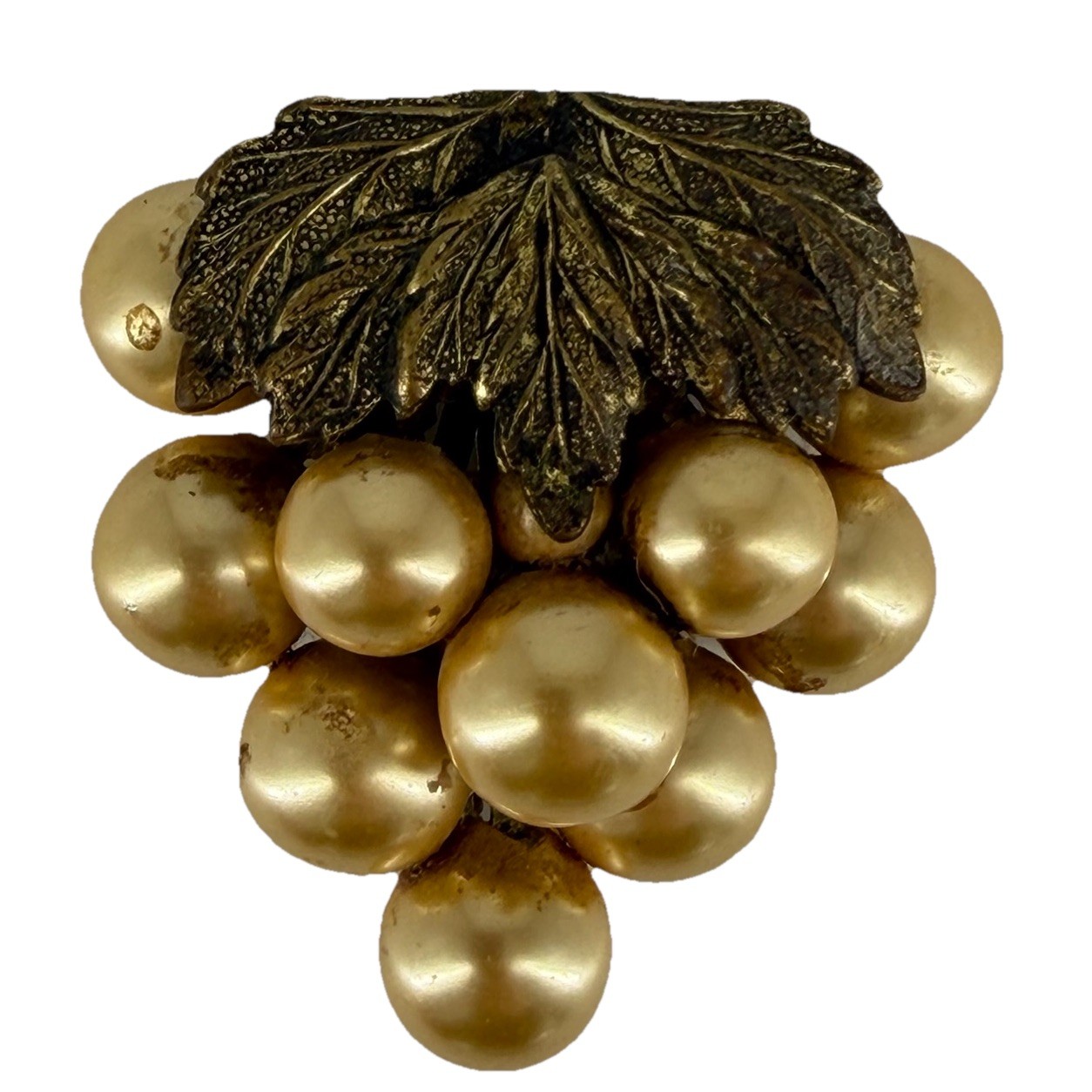 Vintage LARGE 2” Gold Tone Bunch Of Grapes Faux Pearl Antique Fur Clip 1930s