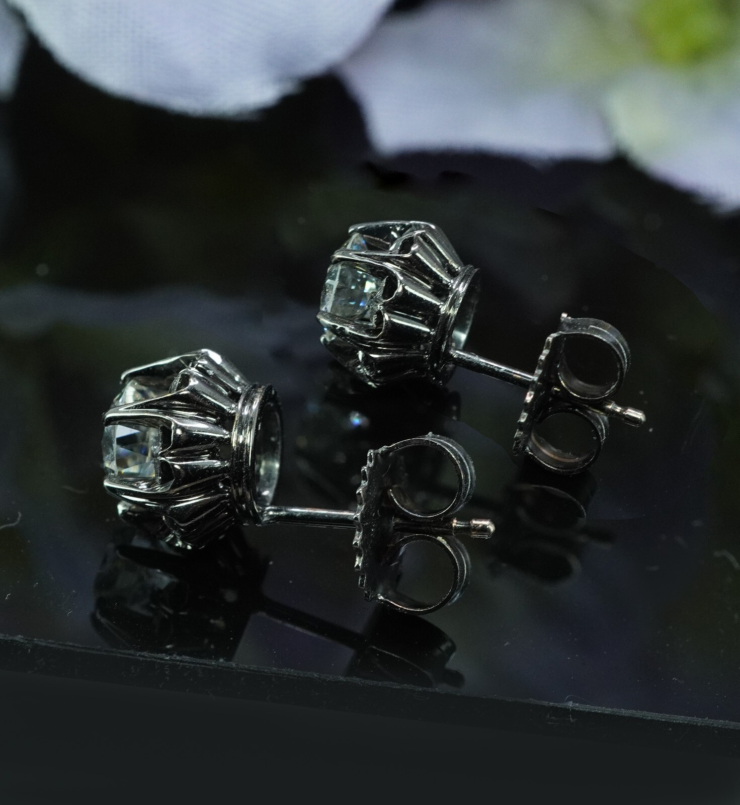 Antique Old European cut Diamond Stud Solitaire Earrings 14K Gold 1.1ct