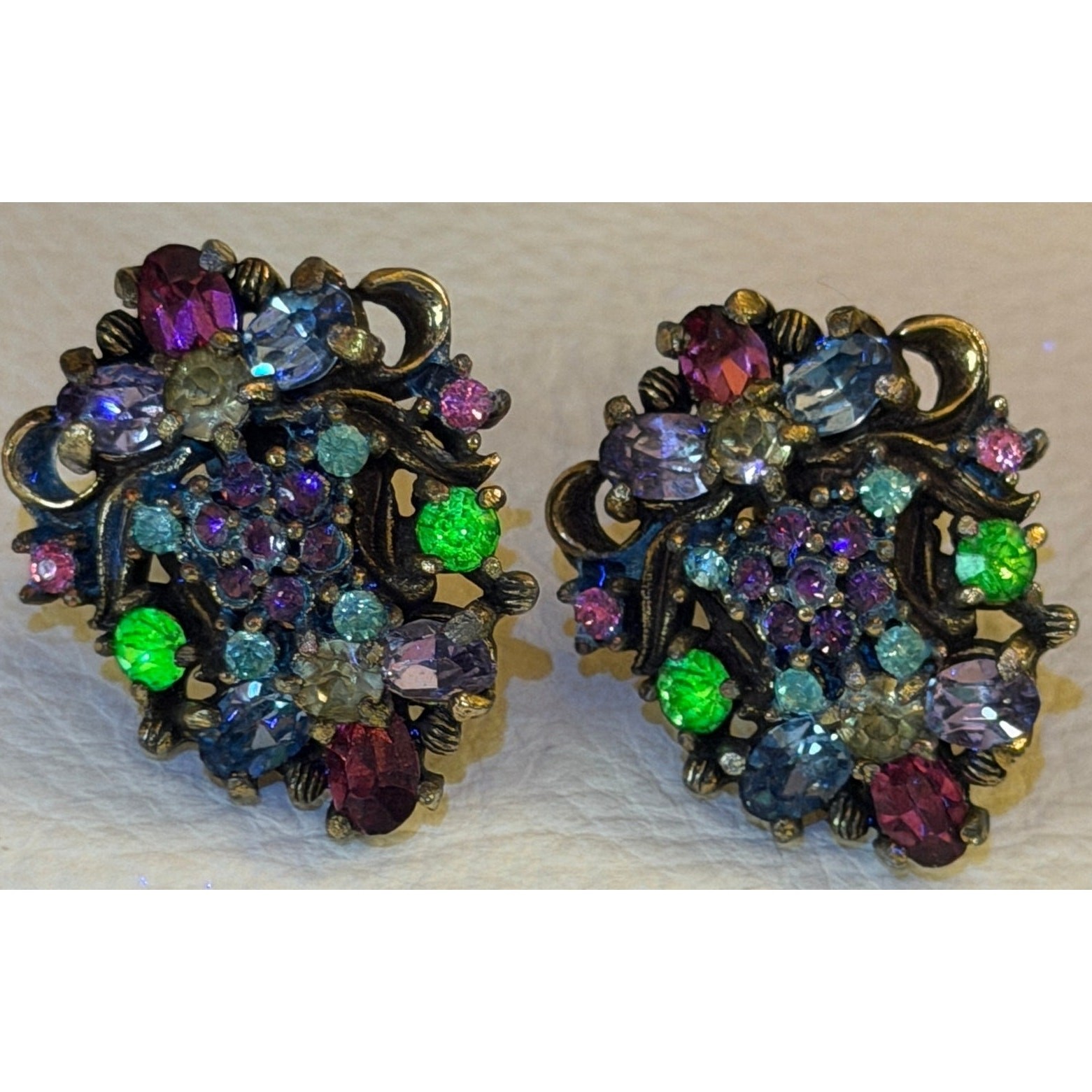 Signed Holly Craft Vintage Multi-rhinestone Earrings