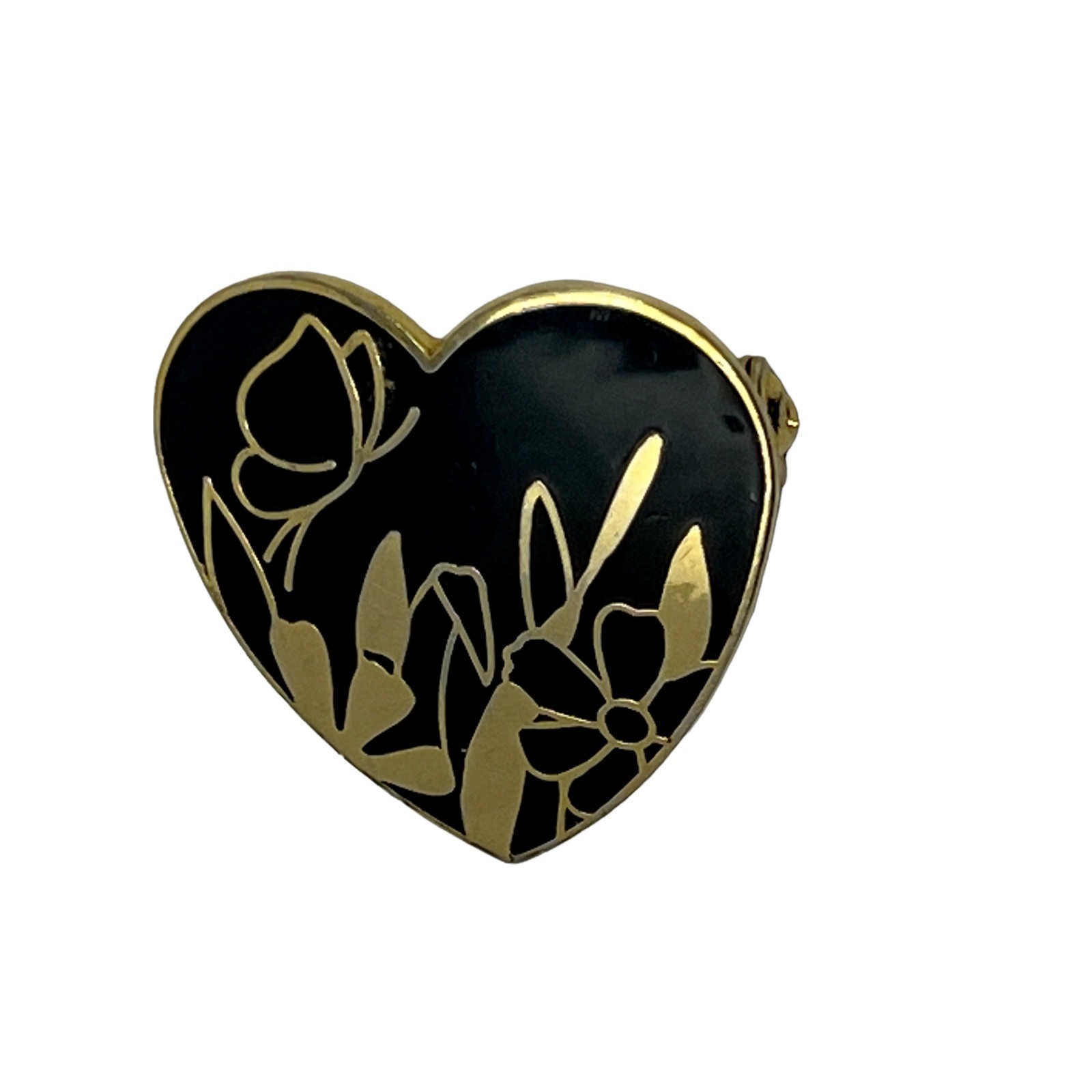 Vintage Heart Brooch Flower Butterfly Gold Tone and Black Enamel