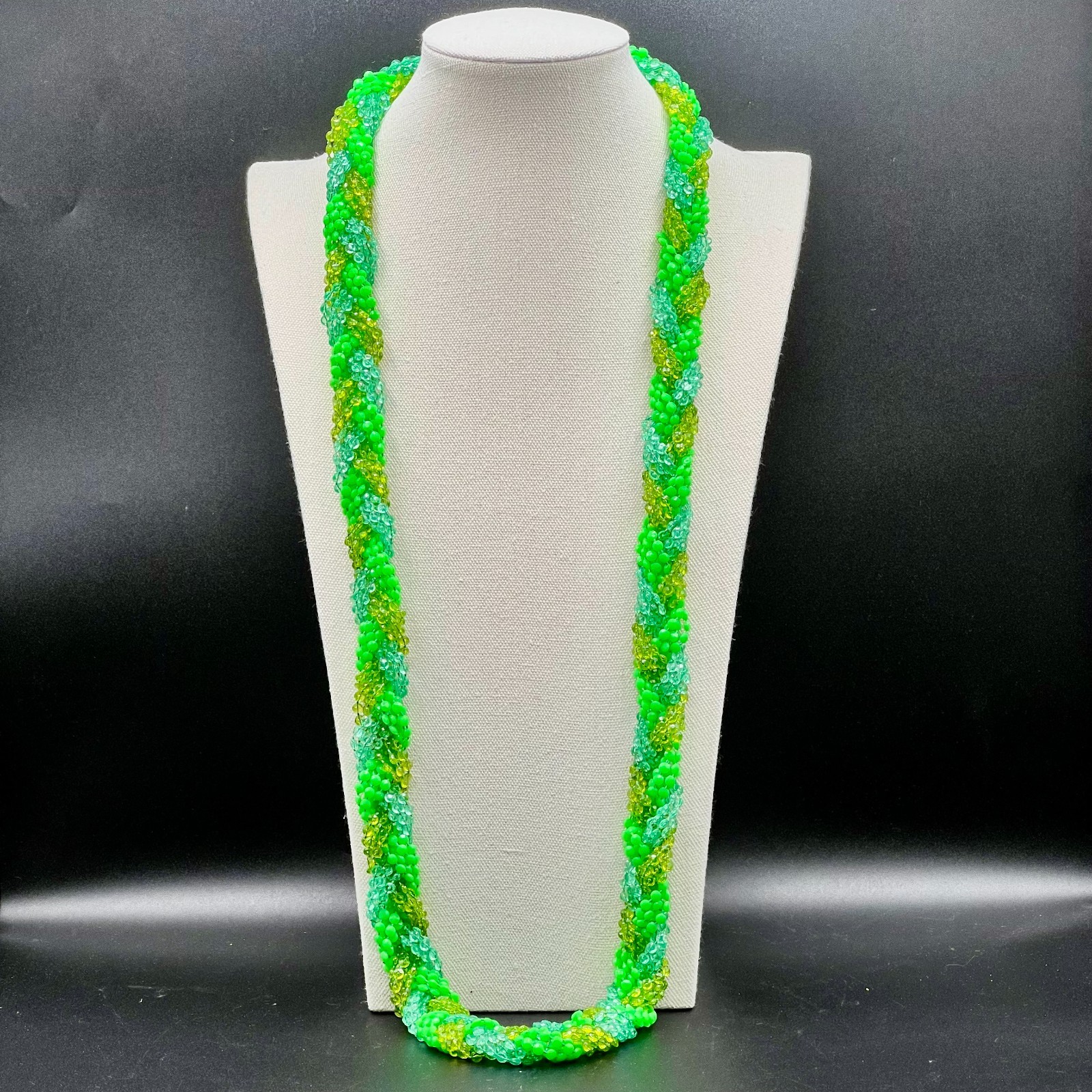 Vintage Bright Green Opera Length Necklace Torsade Twisted Beaded Statement