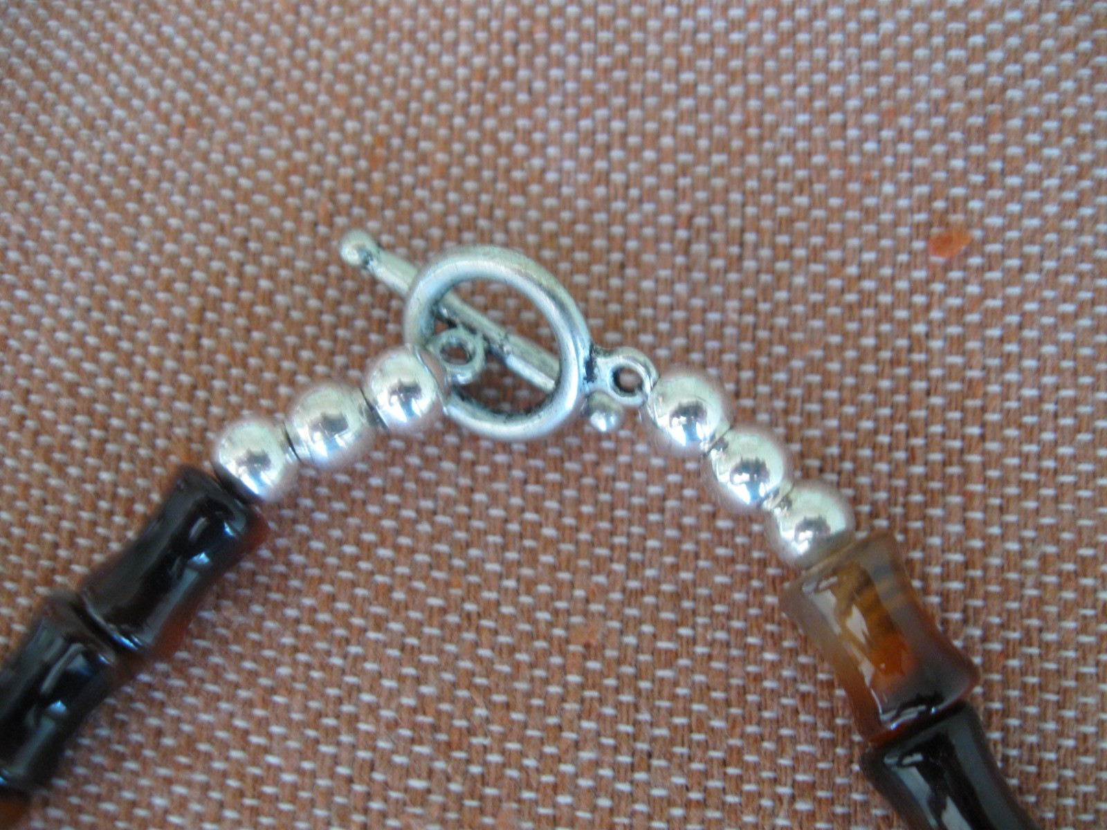Vintage Original 26″ Agate & Amber Necklace Beaded/Silver Beads & Toggle Clasp