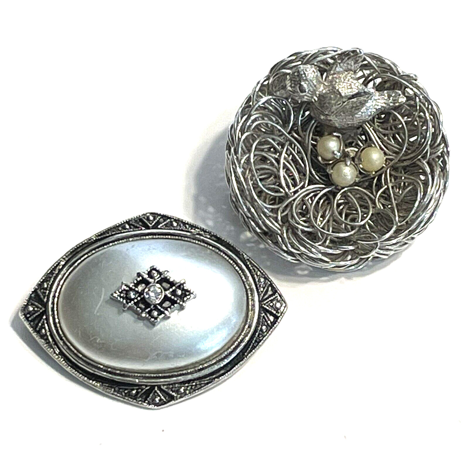 Pair of Silver Tone Brooches Bird & Nest w/Faux Pearl Eggs + Avon Brooch/Pendant