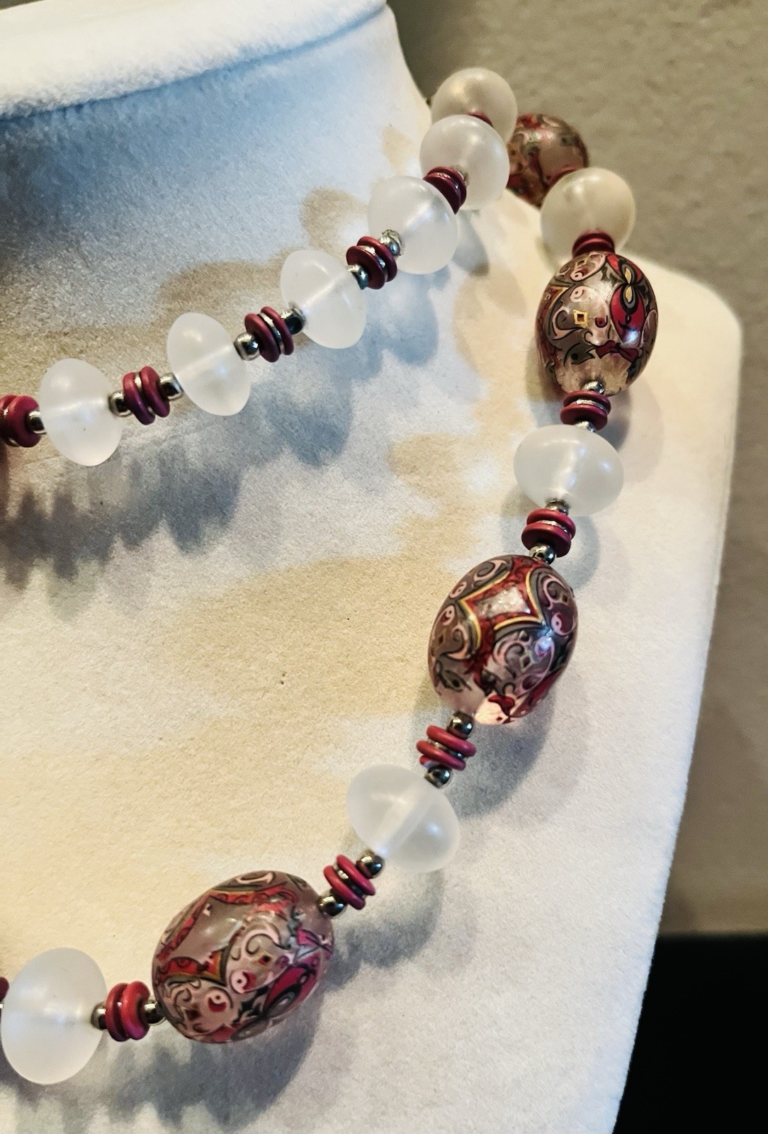 Vintage Japanese Necklace Pink, Purple, White, Glass Beads Marked Japan 1960s