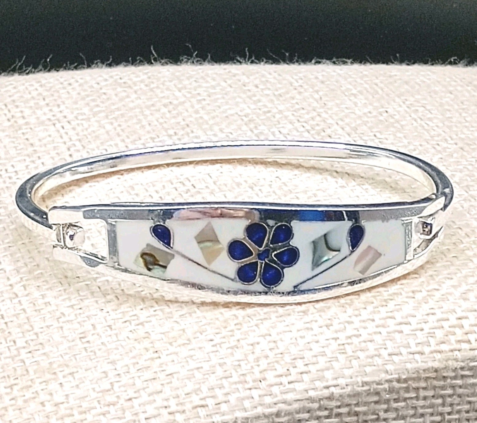 Alpaca Mexico Silver Cuff Bracelet Blue Lapis Abalone Inlay Flower 6.5″ Unworn