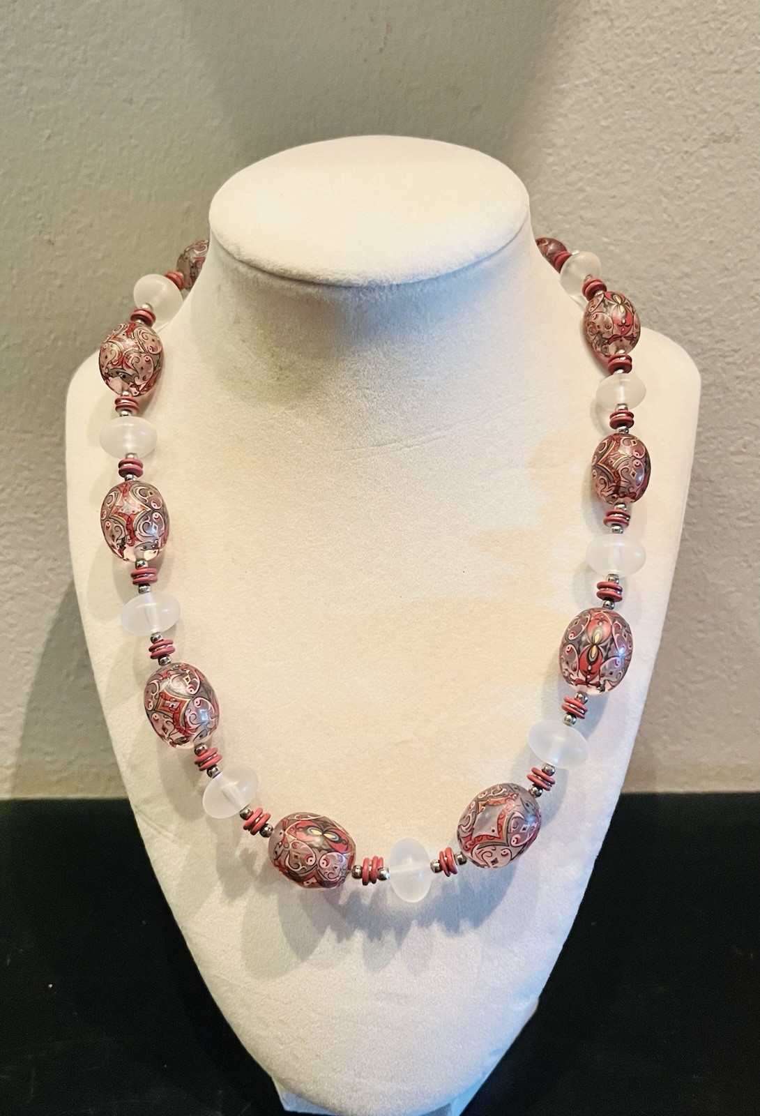 Vintage Japanese Necklace Pink, Purple, White, Glass Beads Marked Japan 1960s