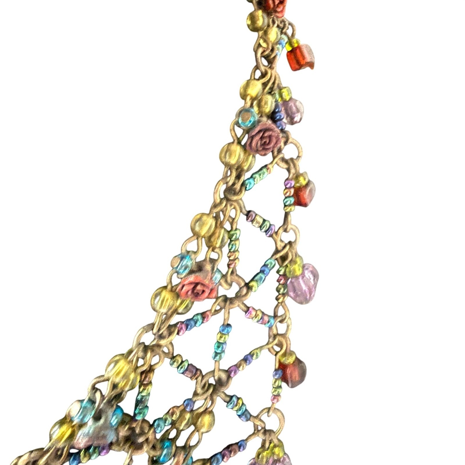 Vintage Bib Necklace Wire Hand Beaded Flower Artisan Victorian style Boho 15-17