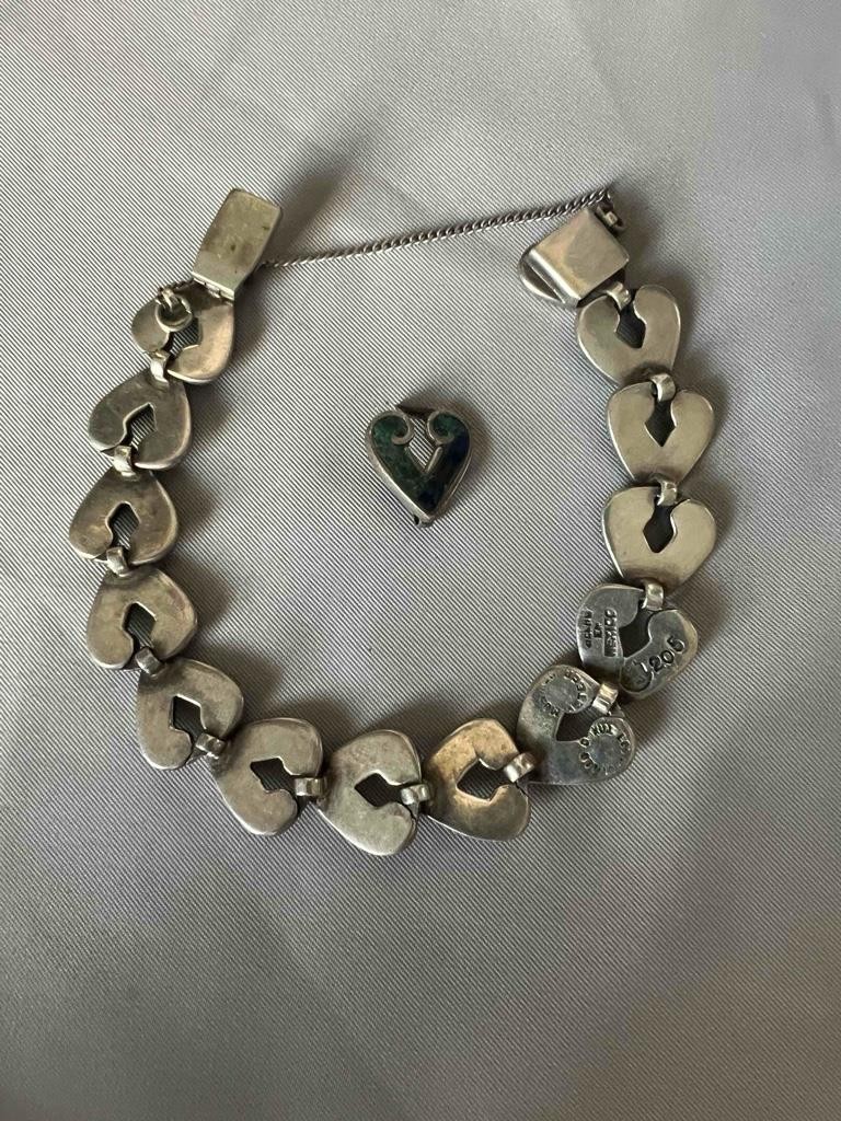 Los Castillo Sterling Silver Mosaico Azteca Azurite Bracelet Hearts 7″