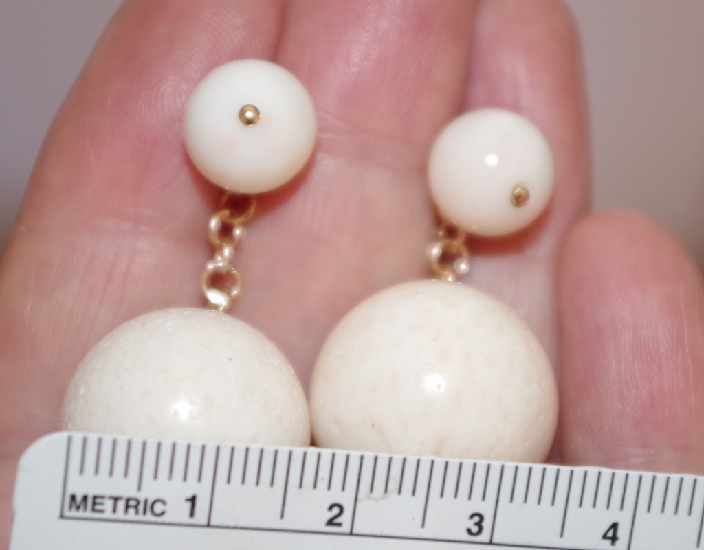 ANTIQUE 14K GF ANGEL SKIN CORAL BALL 17.5 MM CORAL JACKET DROP EARRINGS JACKETS
