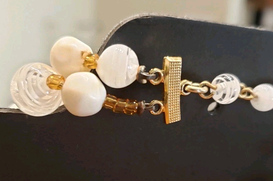 Vtg MCM Bridal Wedding Double Strand White Glass Bead Choker with Gold Accent