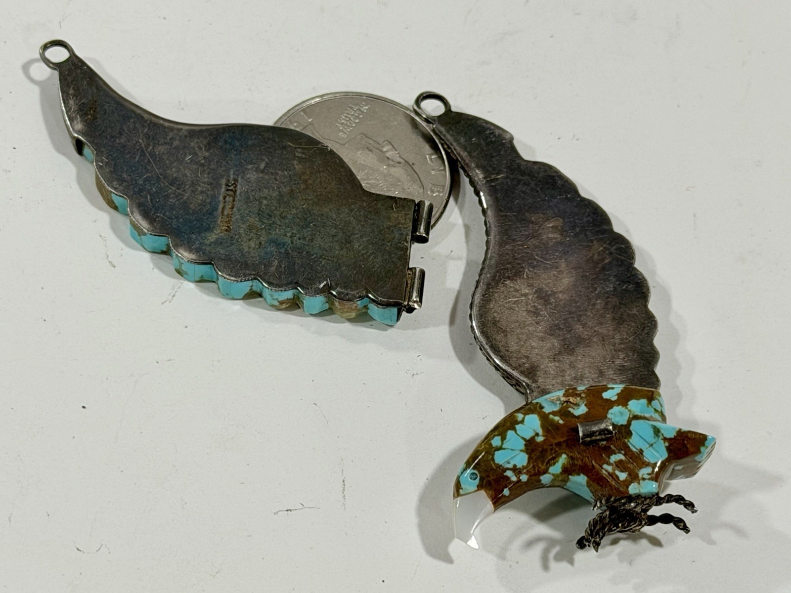 Vintage Native Navajo Carved Turquoise & Silver Large Wing Spread Eagle Pendant