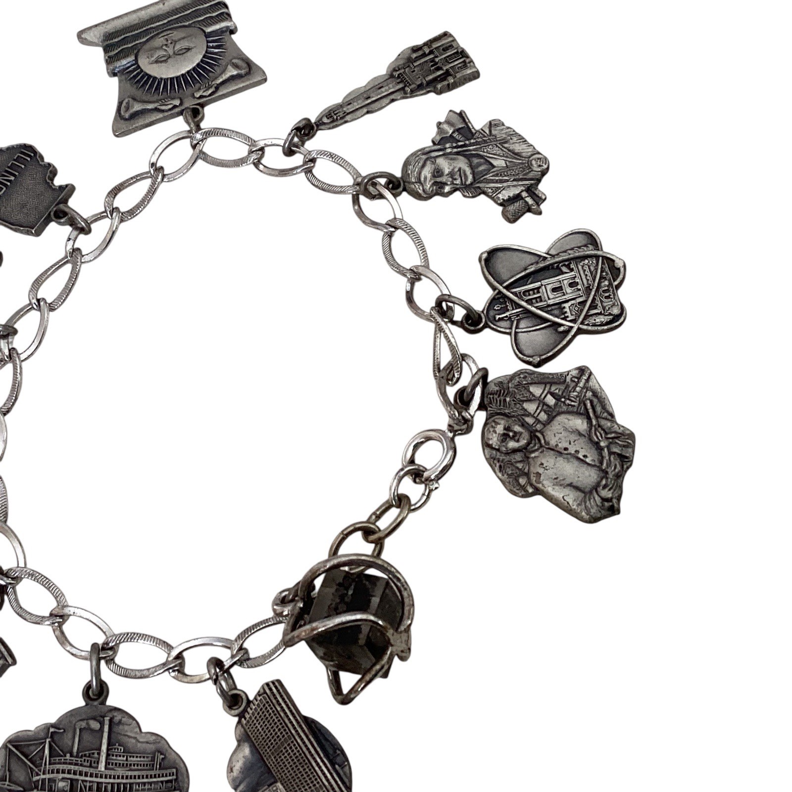 Sterling Silver Historic Illinois Charm Bracelet Lincoln Heartland Chicago 44g