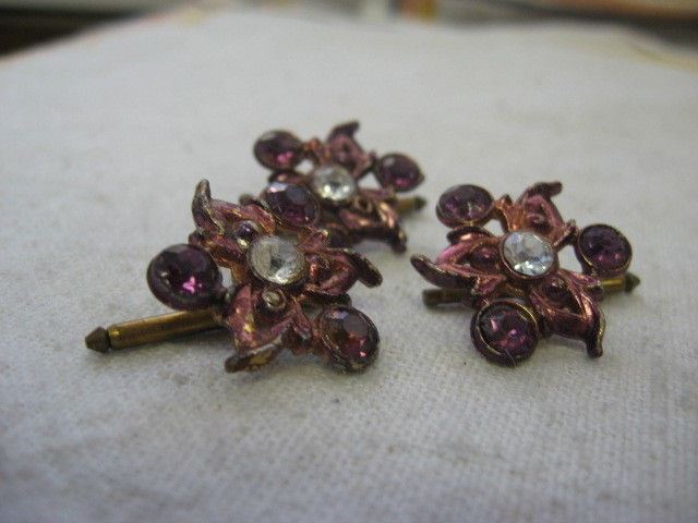 Vintage Set of 3 Purple Rhinestone Flower Shirt Studs Dress Pins Enamel Finish