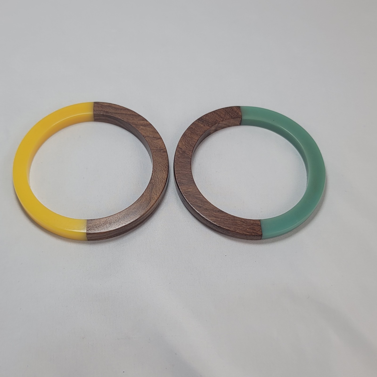 A Yellow and Green Lucite Resin & Wood Bangle Bracelet Set Modern Boho Jewelry