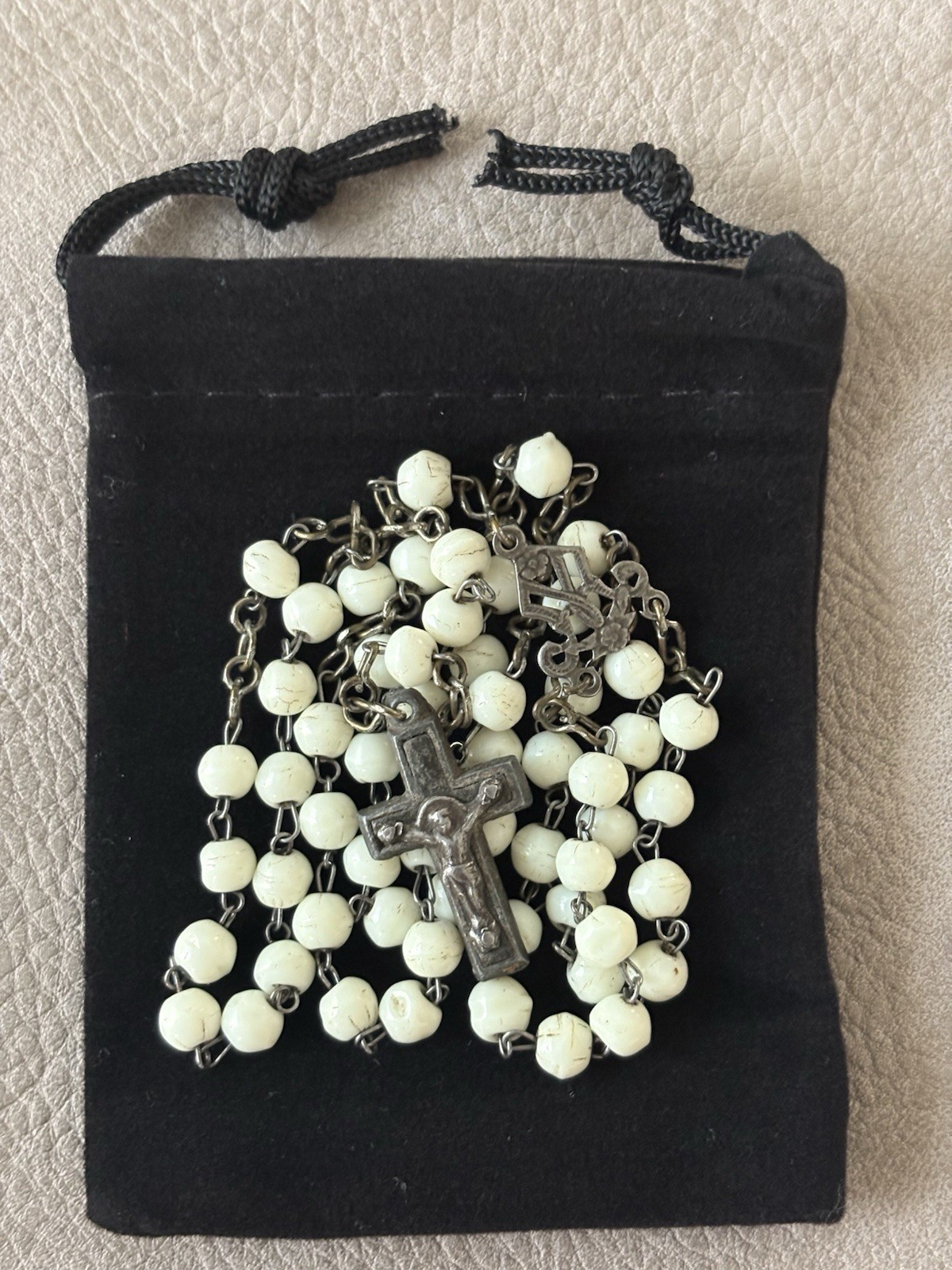 Rosary Alpaca Silver Necklace Crucifix VINTAGE 1900-1950s White Glass Beads