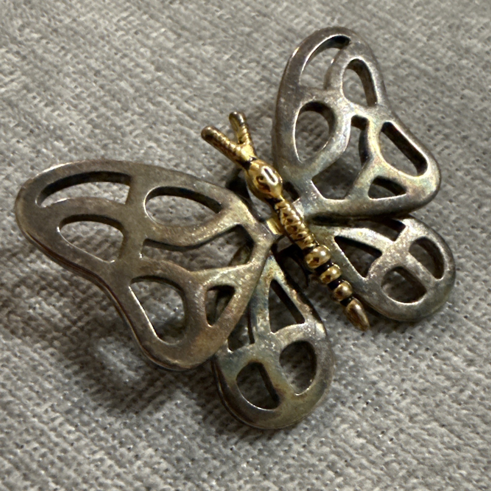 VTG Large mixed metal butterfly pendant Modernist Silver Gold Silver Plate