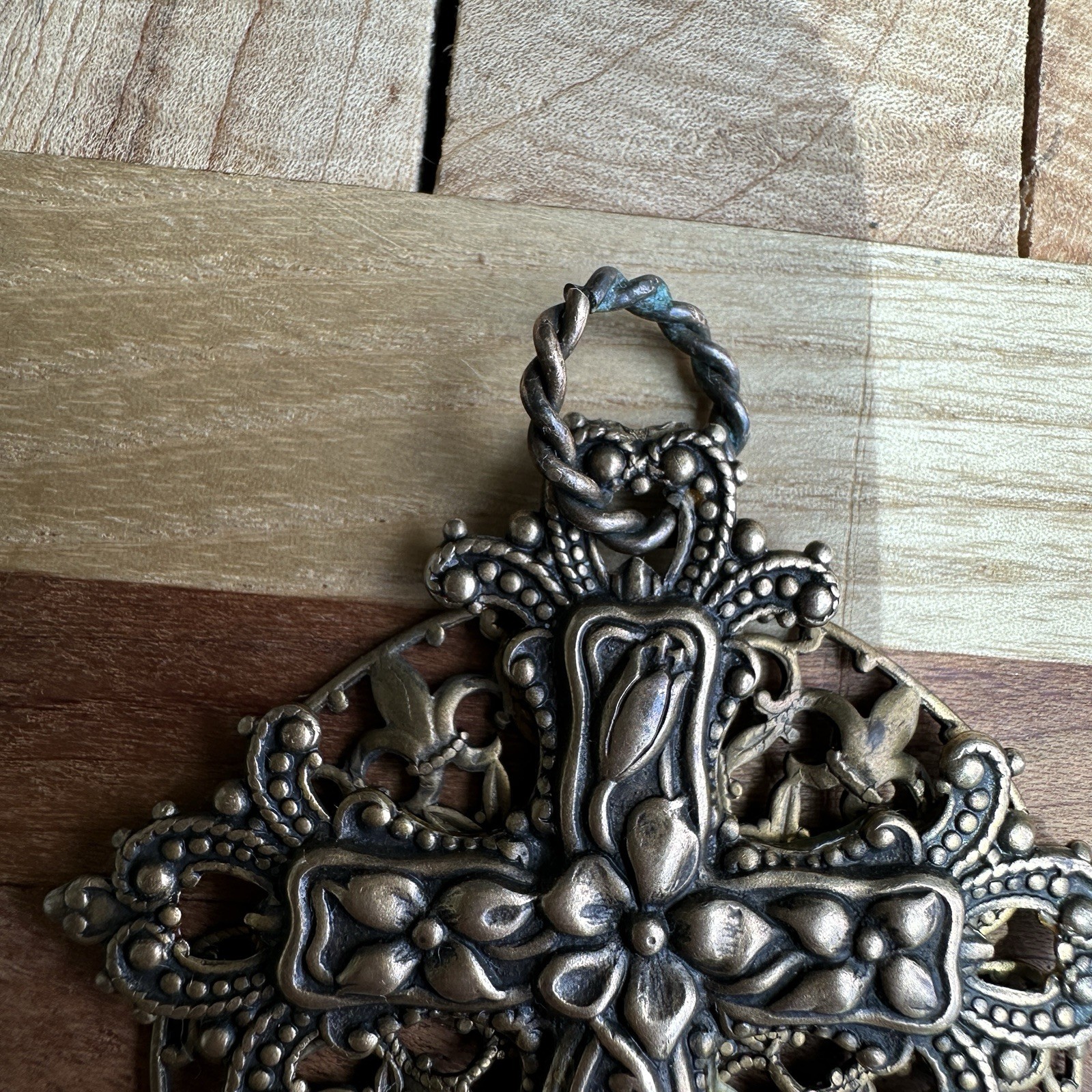 Vintage Christian Cross Pendant 3 Inch Ornate Brass Victorian Style Filigree